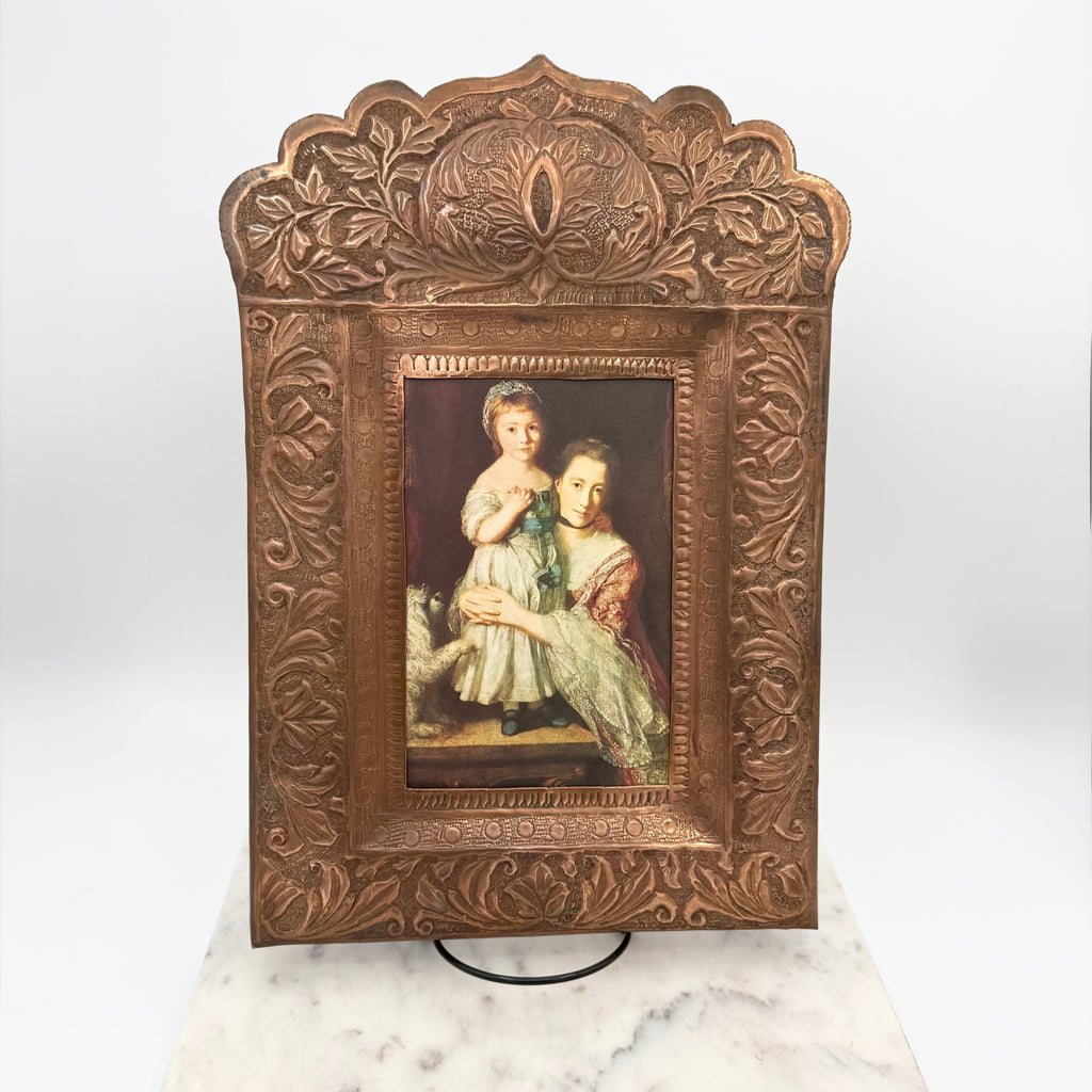 Antique Repoussé Hand-Hammered Copper Picture Frame with Print of the Countess Spencer and her Daughter Georgiana with Dog
