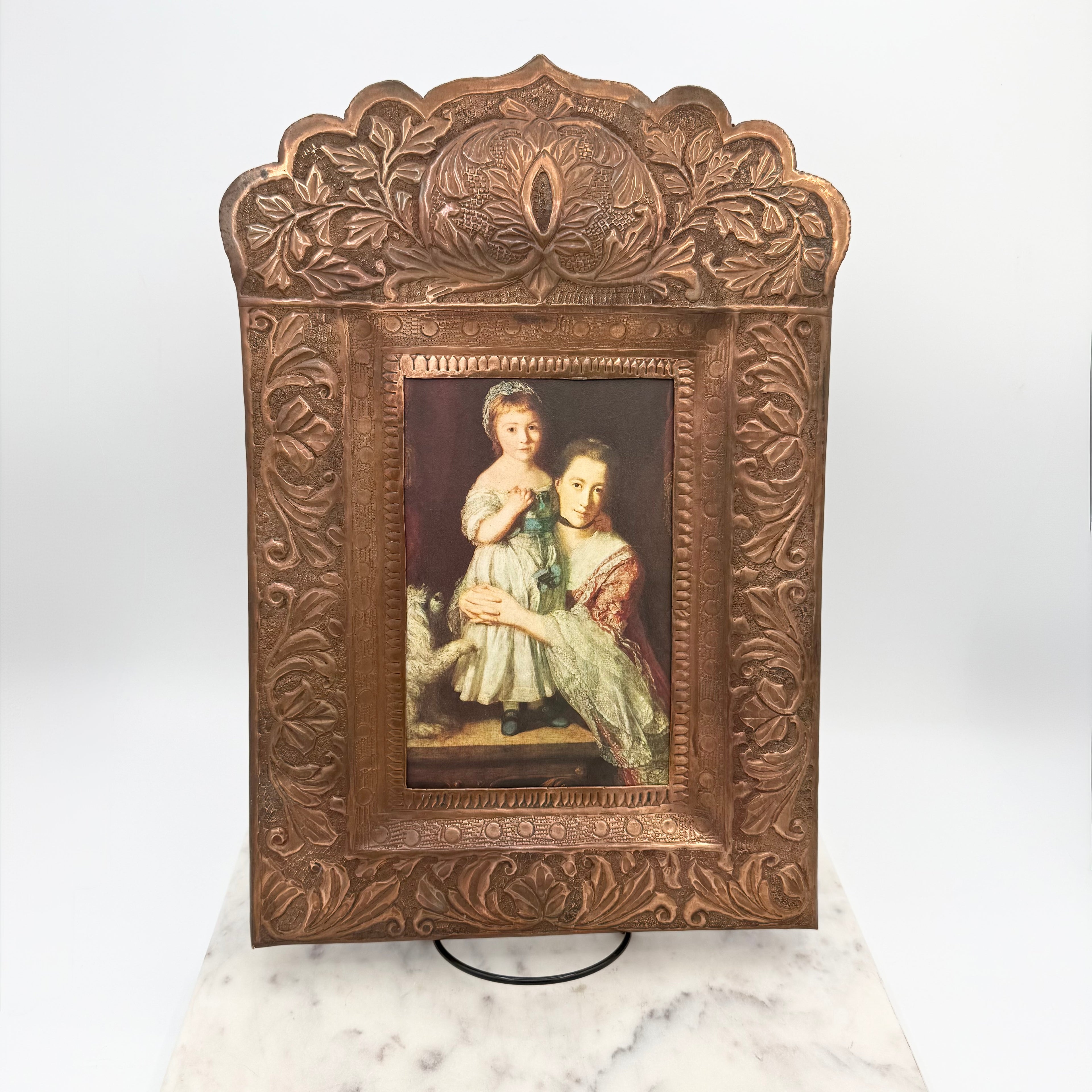 Antique Repoussé Hand-Hammered Copper Picture Frame with Print of the Countess Spencer and her Daughter Georgiana with Dog
