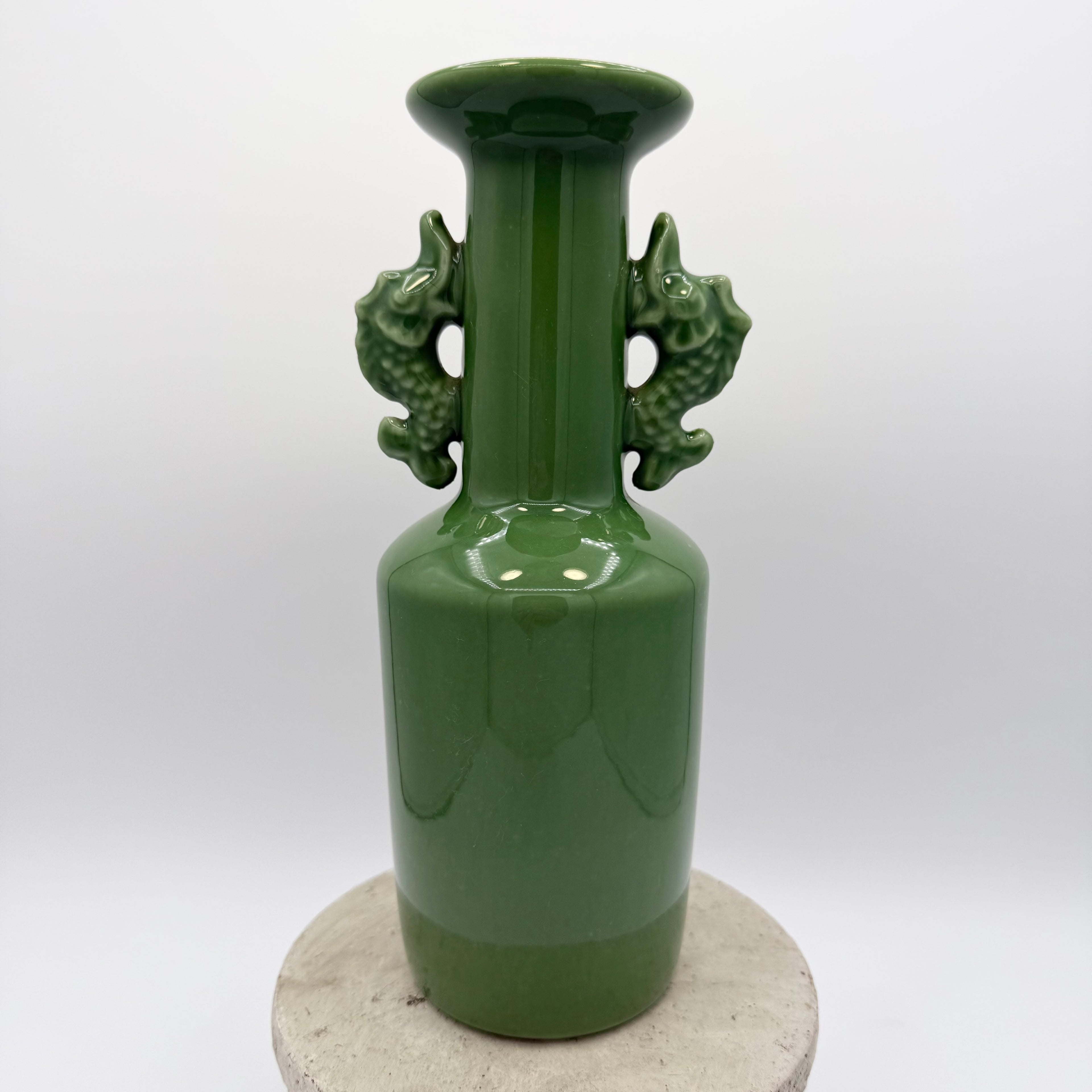 Toyo Japanese Porcelain Jade Green Vase with Fish Handles