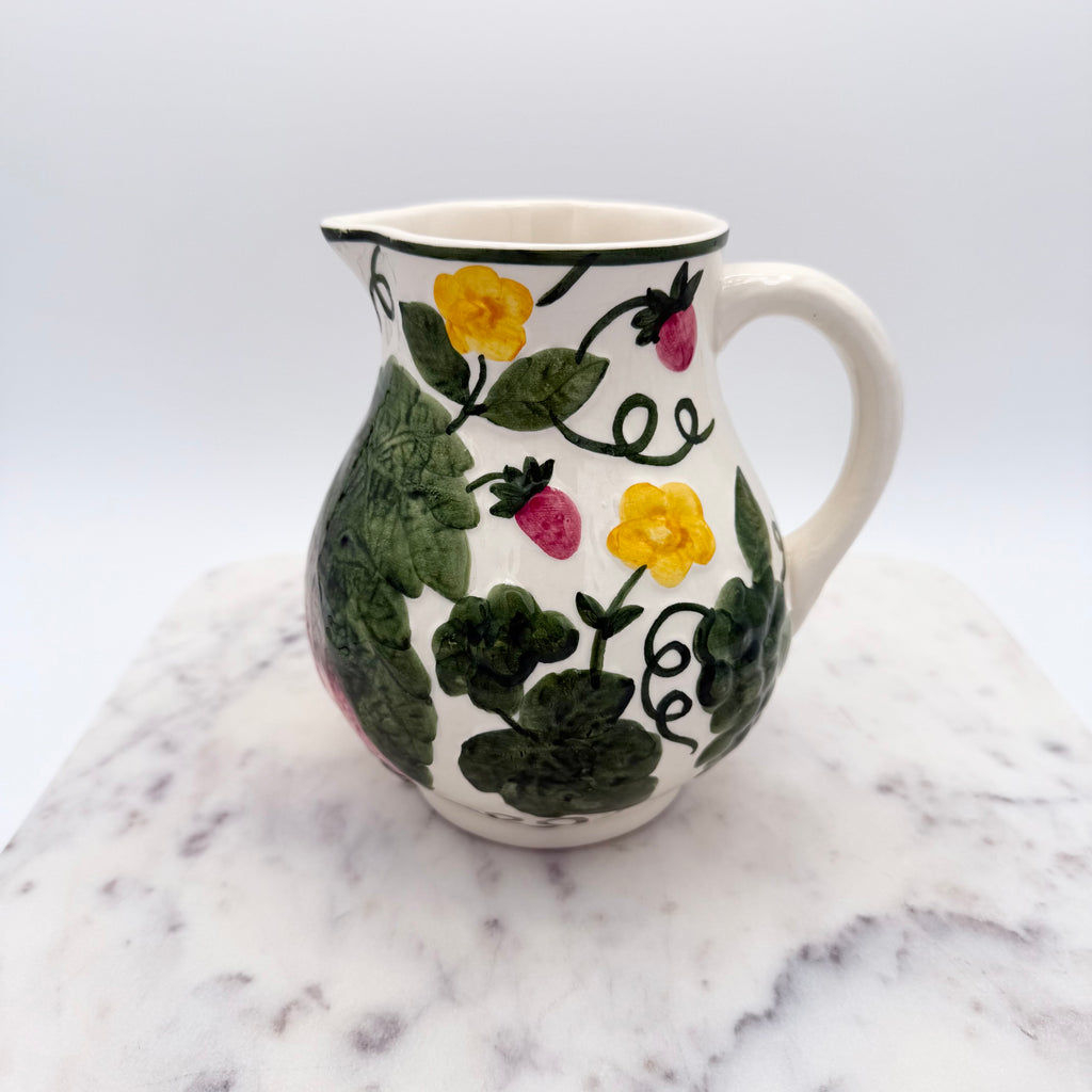 Vintage West Germany Majolica Pitcher With Embossed Flowers, Strawberries, Leaves