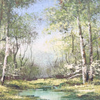 T. Bentley Original Oil Painting – Forest Stream River Landscape on Board in Solid Wood Frame