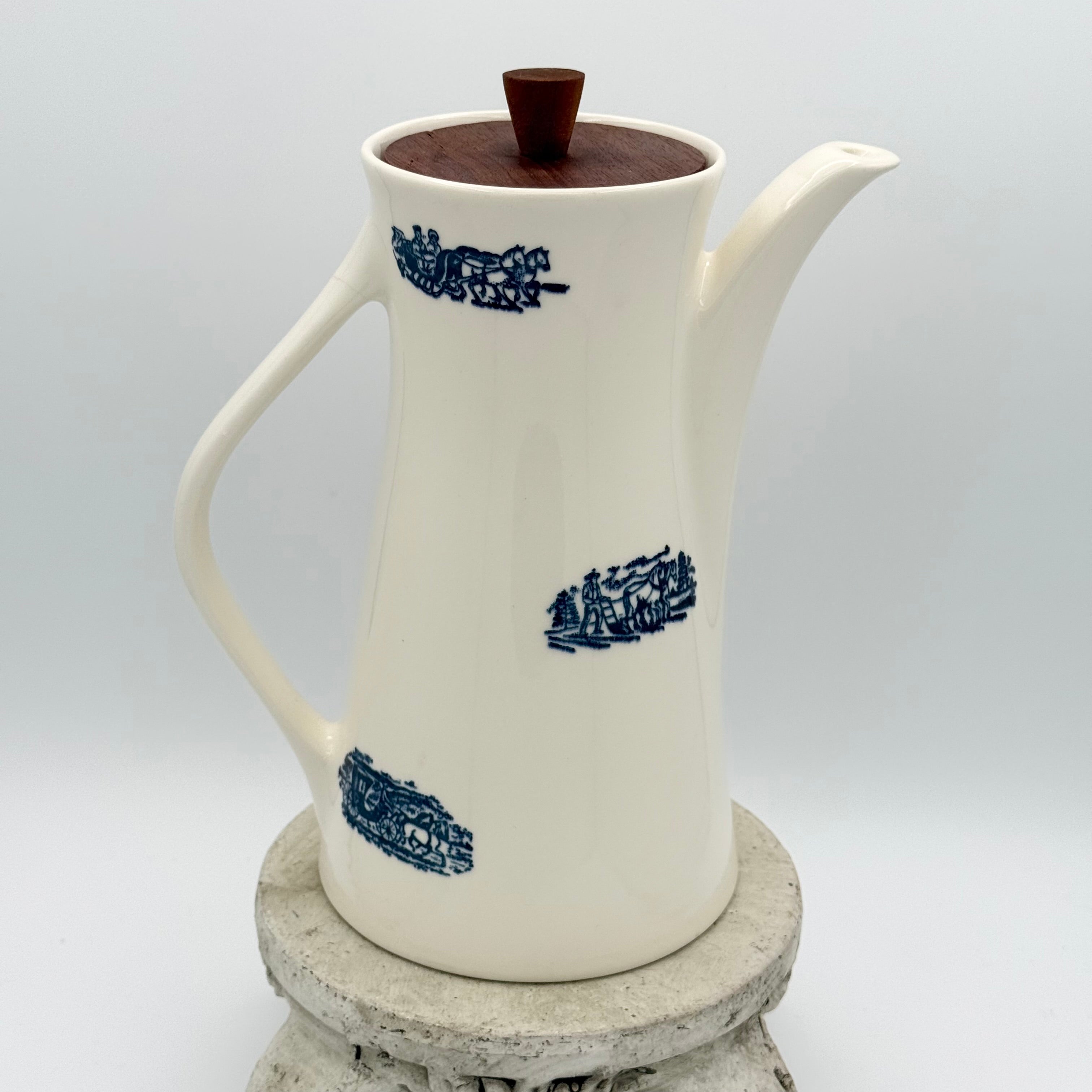 Antique White and Blue Transferware Teapot with Wood Lid