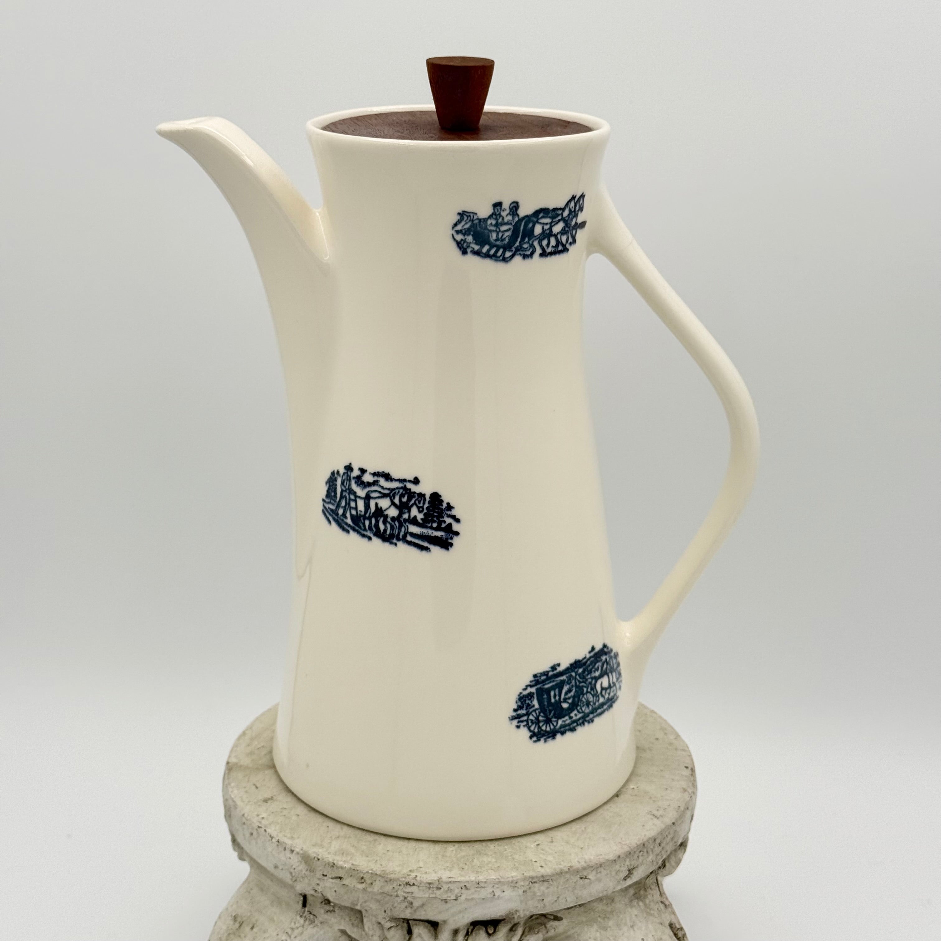 Antique White and Blue Transferware Teapot with Wood Lid