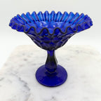 Cobalt Blue Glass Pedestal Compote With Ruffled Edge And Thumbprint Pattern