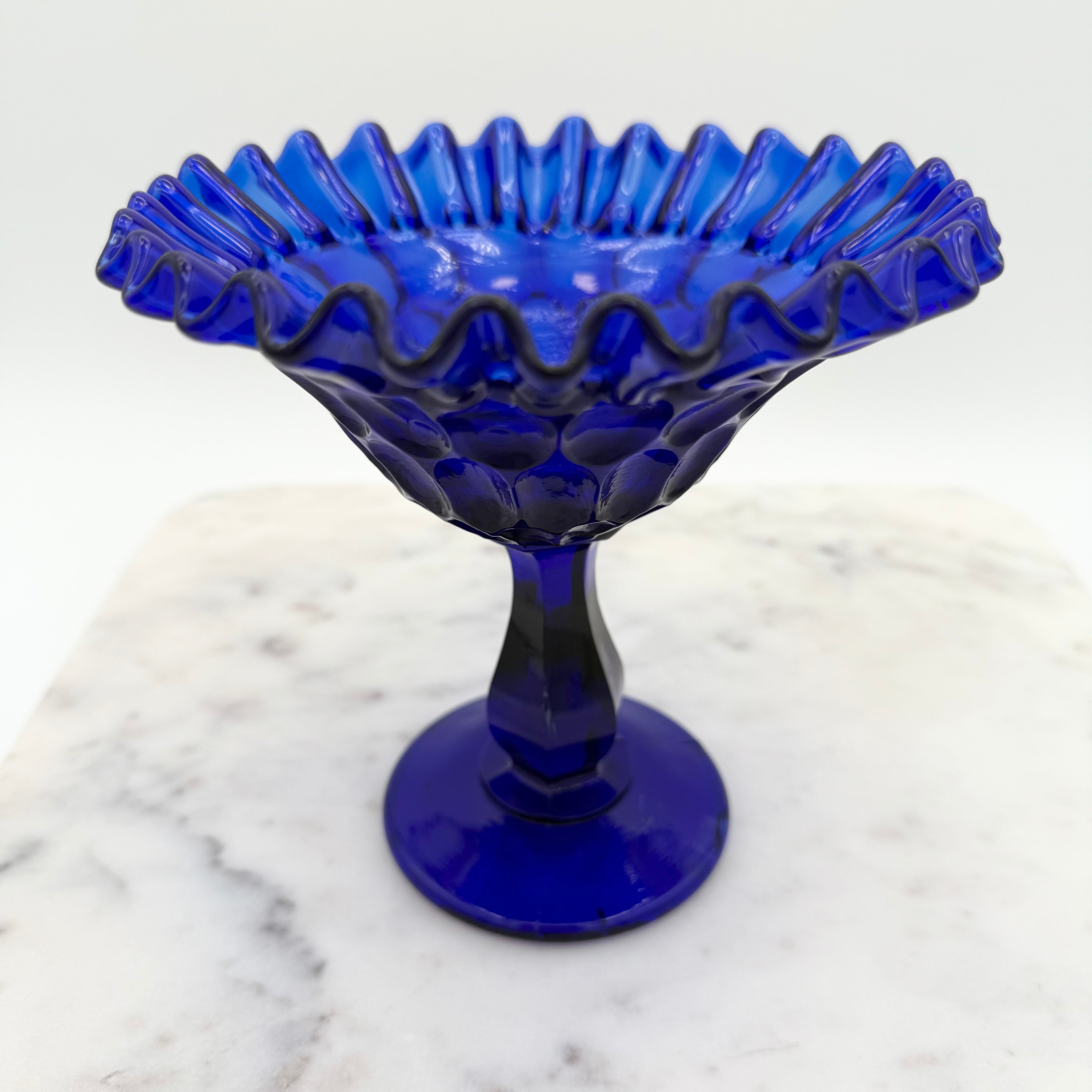 Cobalt Blue Glass Pedestal Compote With Ruffled Edge And Thumbprint Pattern