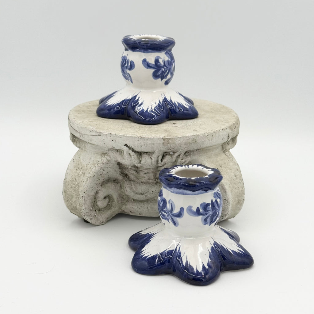 Hand Painted Vestal Pottery Blue and White Candle Holders, Numbered 577, Set of 2, Made in Portugal