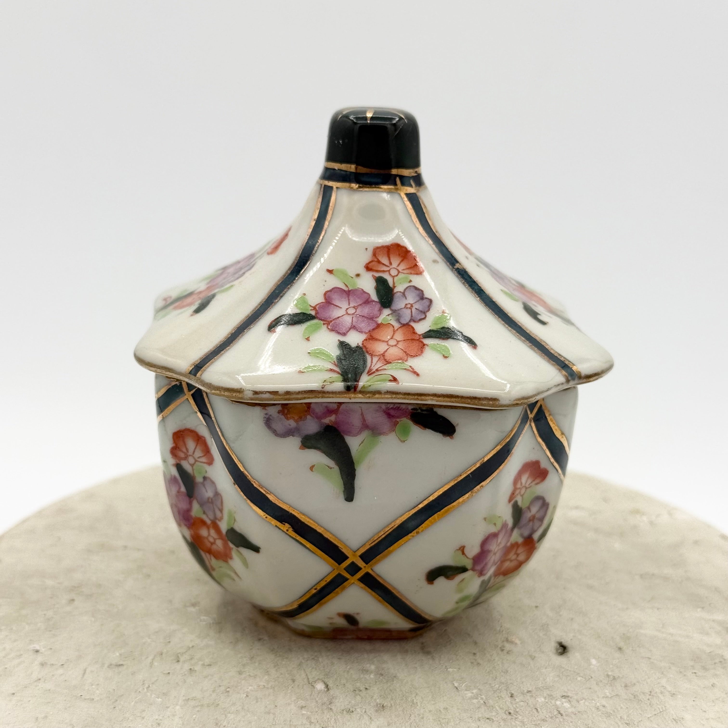 Vintage Hand-Painted Porcelain Lidded Trinket Jar with Cobalt and Gilt Lattice, Floral Motif