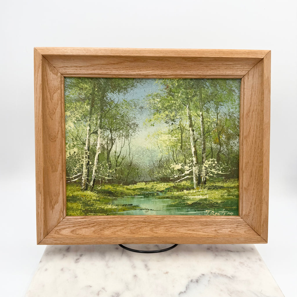 T. Bentley Original Oil Painting – Forest Stream River Landscape on Board in Solid Wood Frame