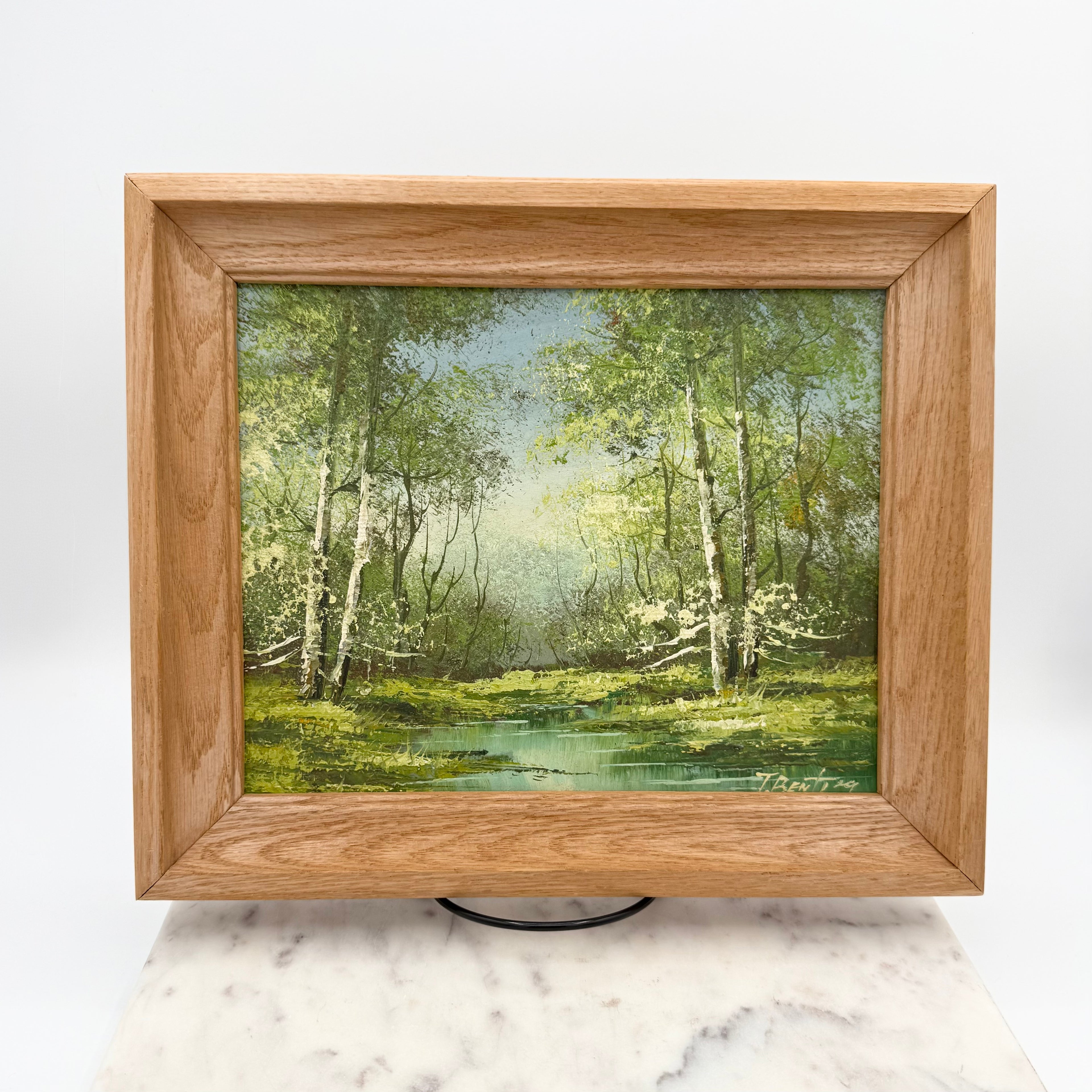 T. Bentley Original Oil Painting – Forest Stream River Landscape on Board in Solid Wood Frame
