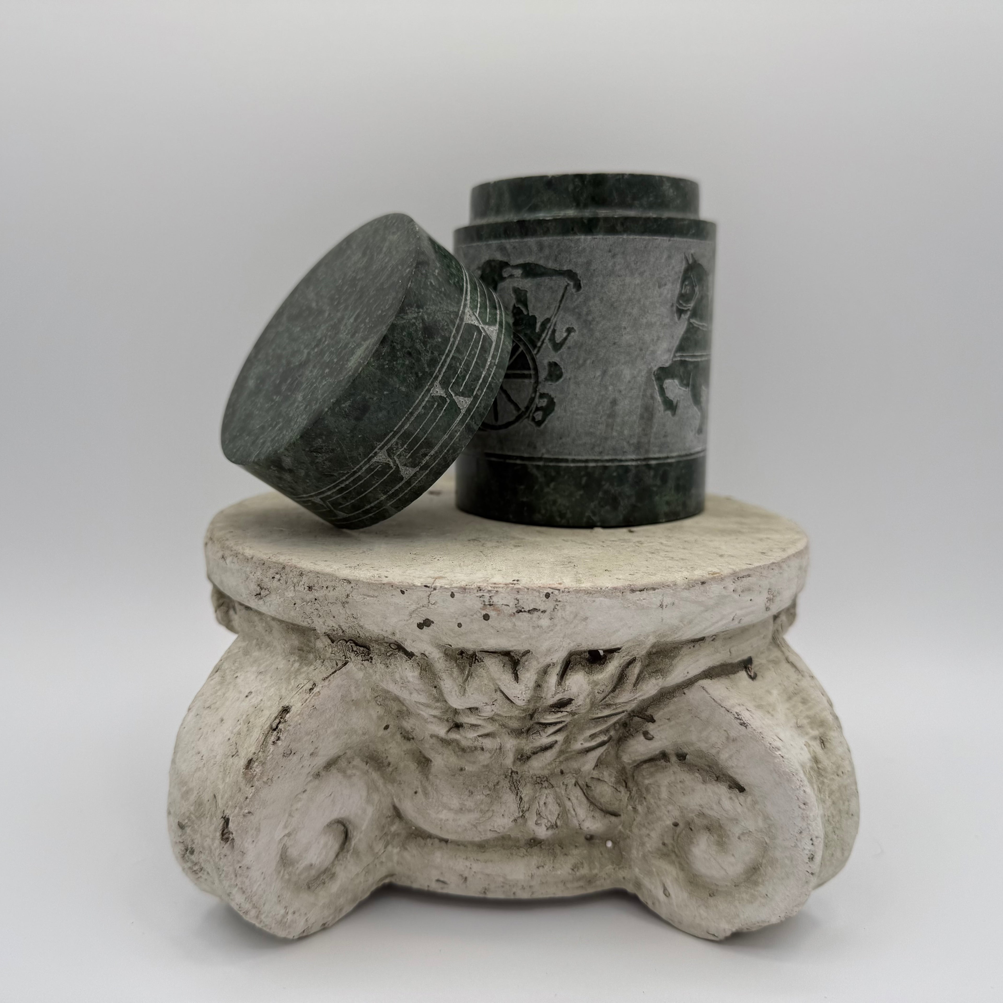 Green Marble Carved Jar With Horse and Chariot Motif