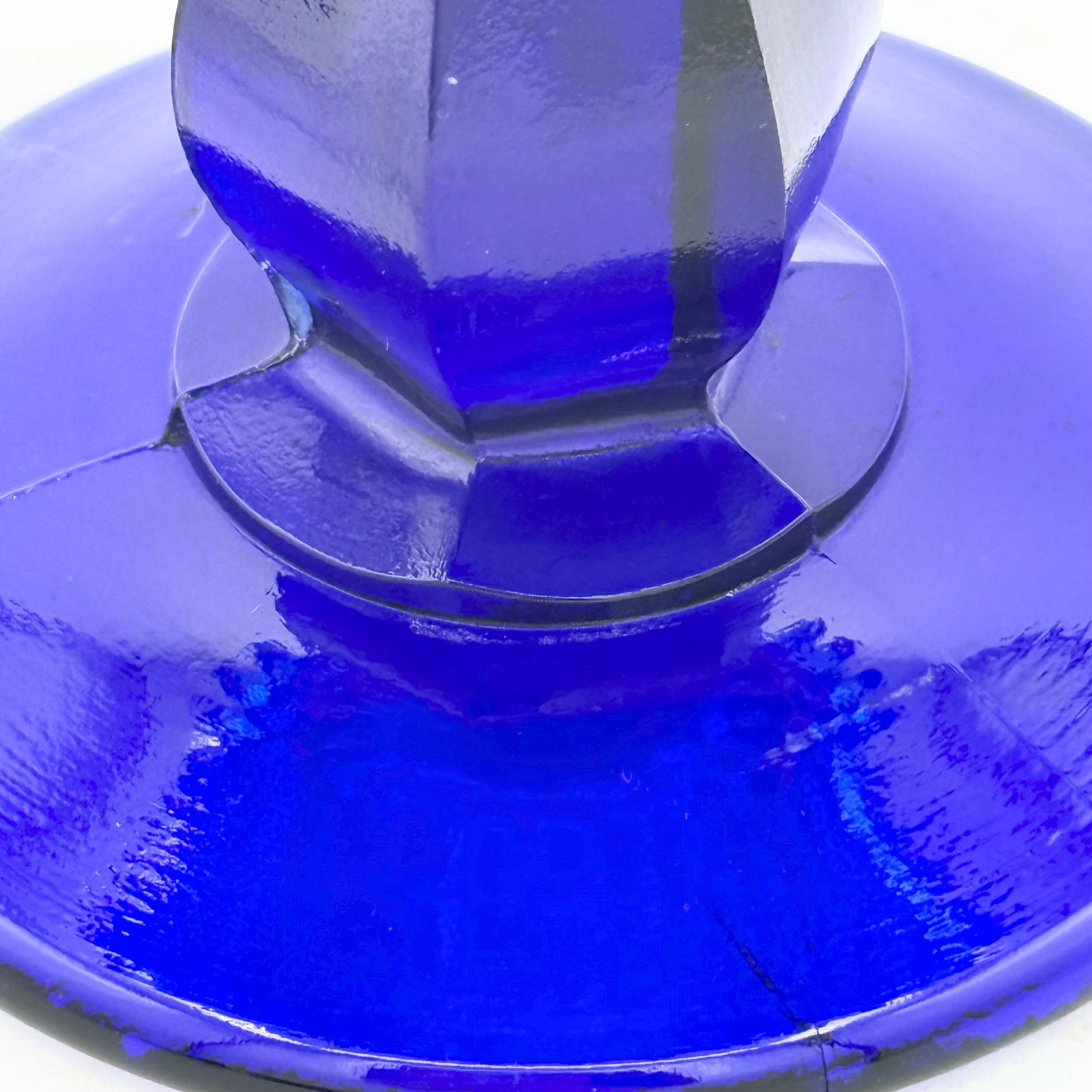 Cobalt Blue Glass Pedestal Compote With Ruffled Edge And Thumbprint Pattern