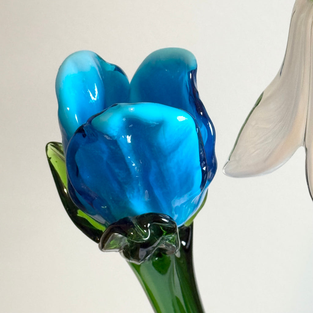 Set of 12 Hand Blown Long Stem Murano Glass Flowers, Made in Italy