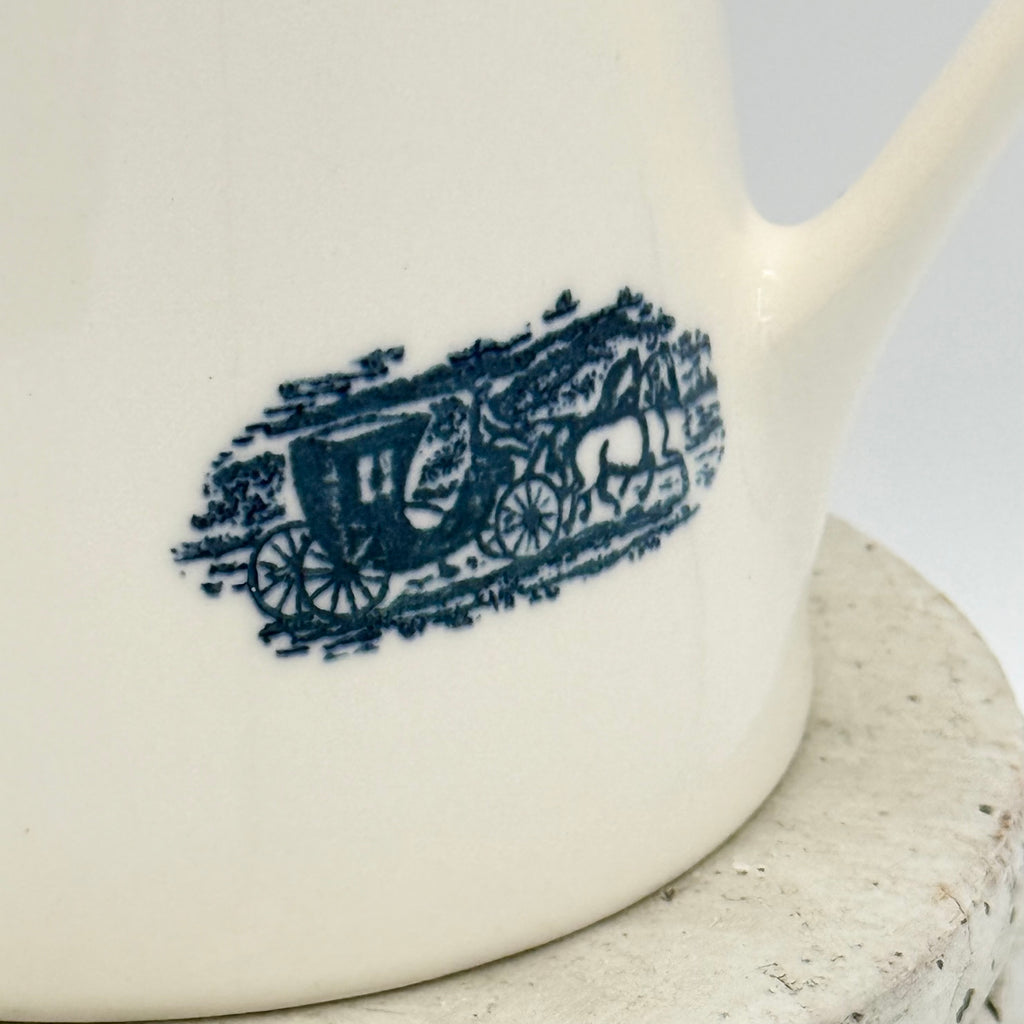 Antique White and Blue Transferware Teapot with Wood Lid