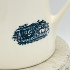 Antique White and Blue Transferware Teapot with Wood Lid