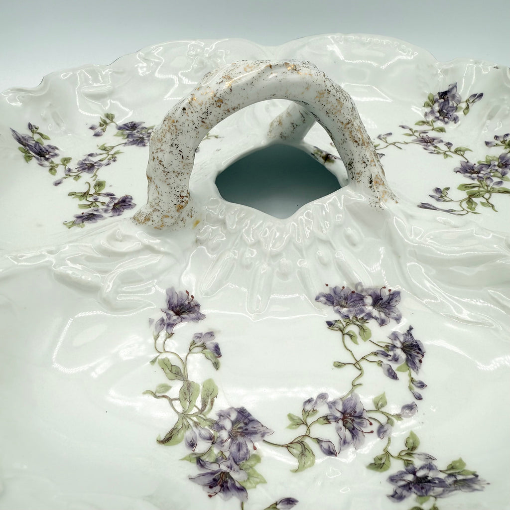 Antique Limoges René Frugier FRG Divided Serving Dish with Violets and Leaves, Made in France