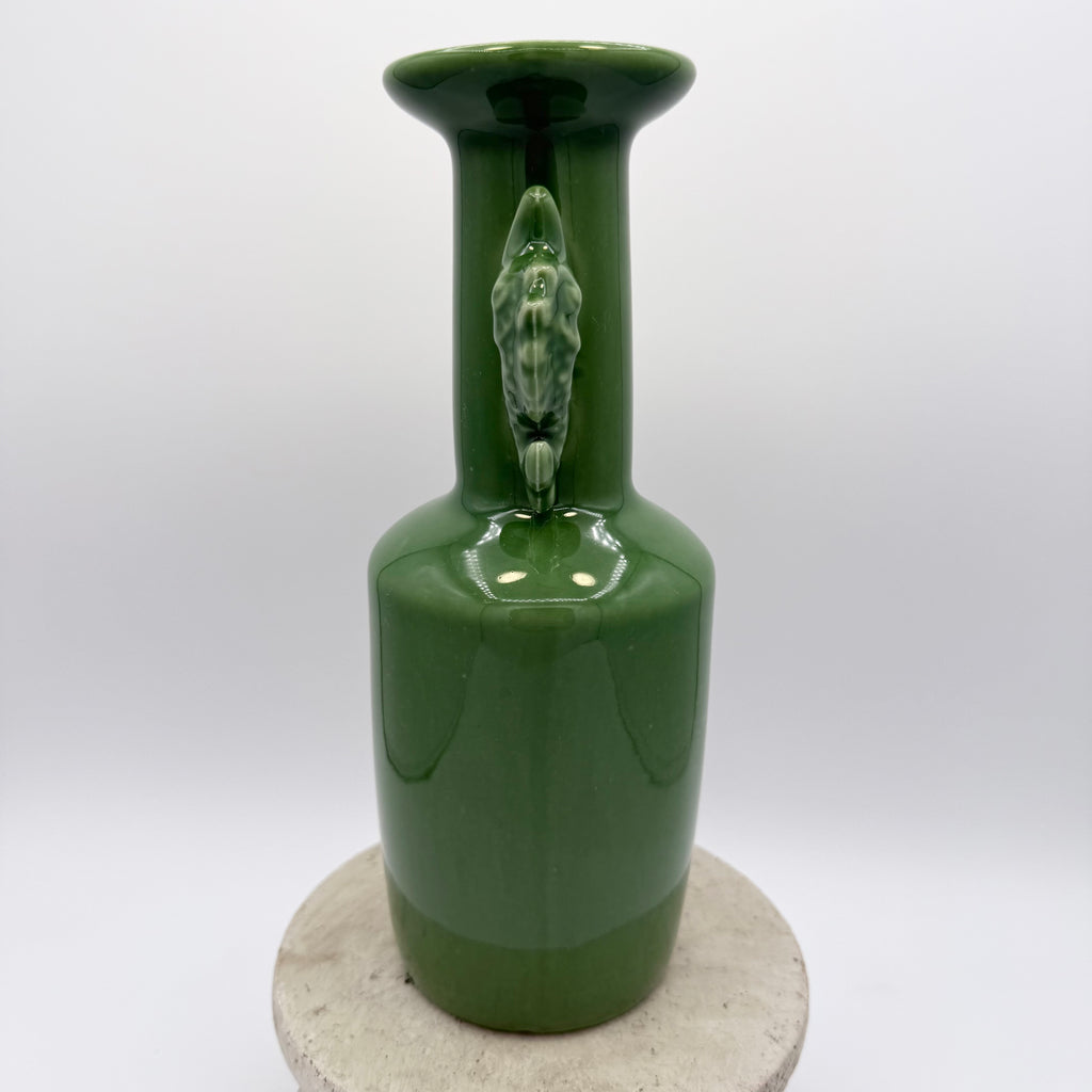 Toyo Japanese Porcelain Jade Green Vase with Fish Handles
