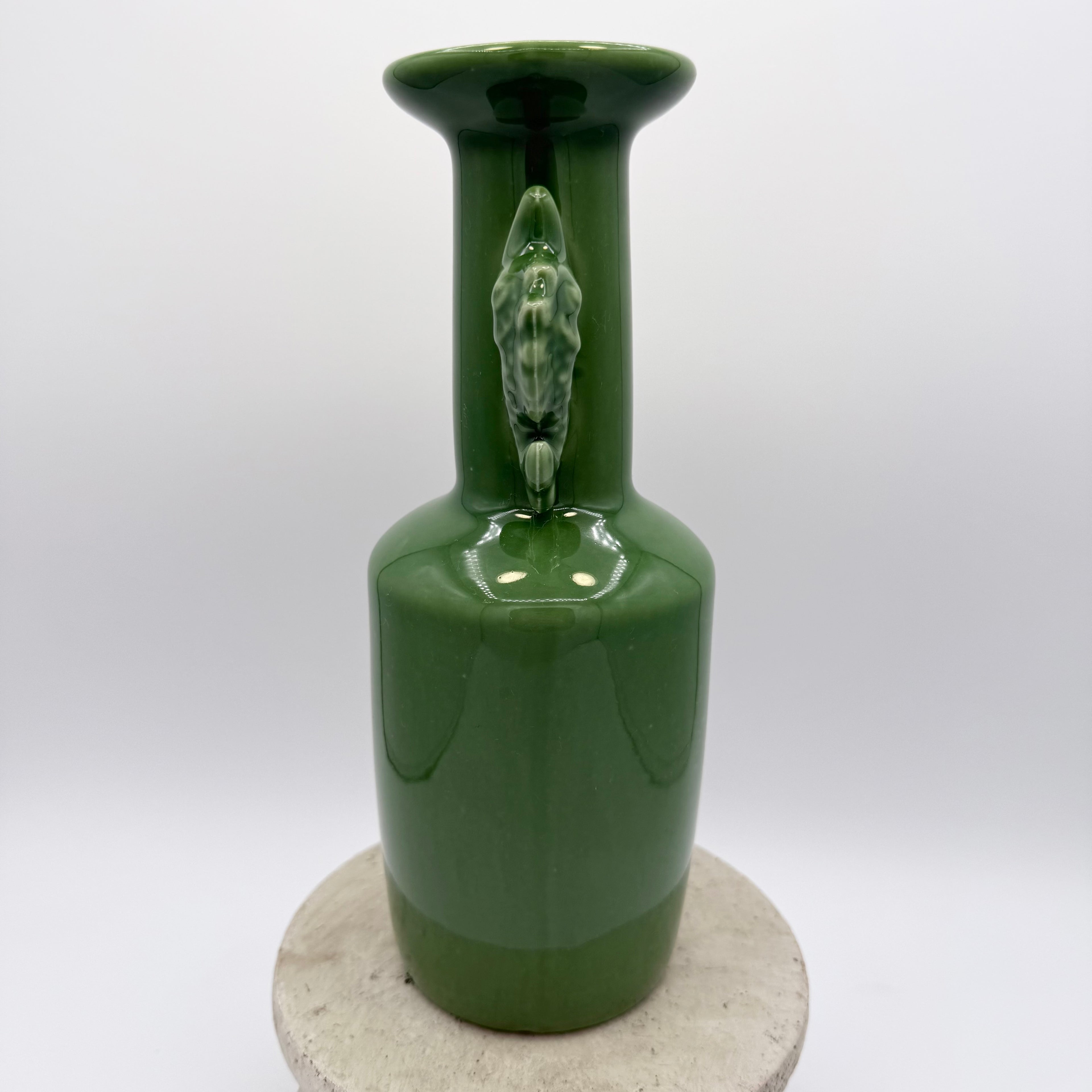 Toyo Japanese Porcelain Jade Green Vase with Fish Handles