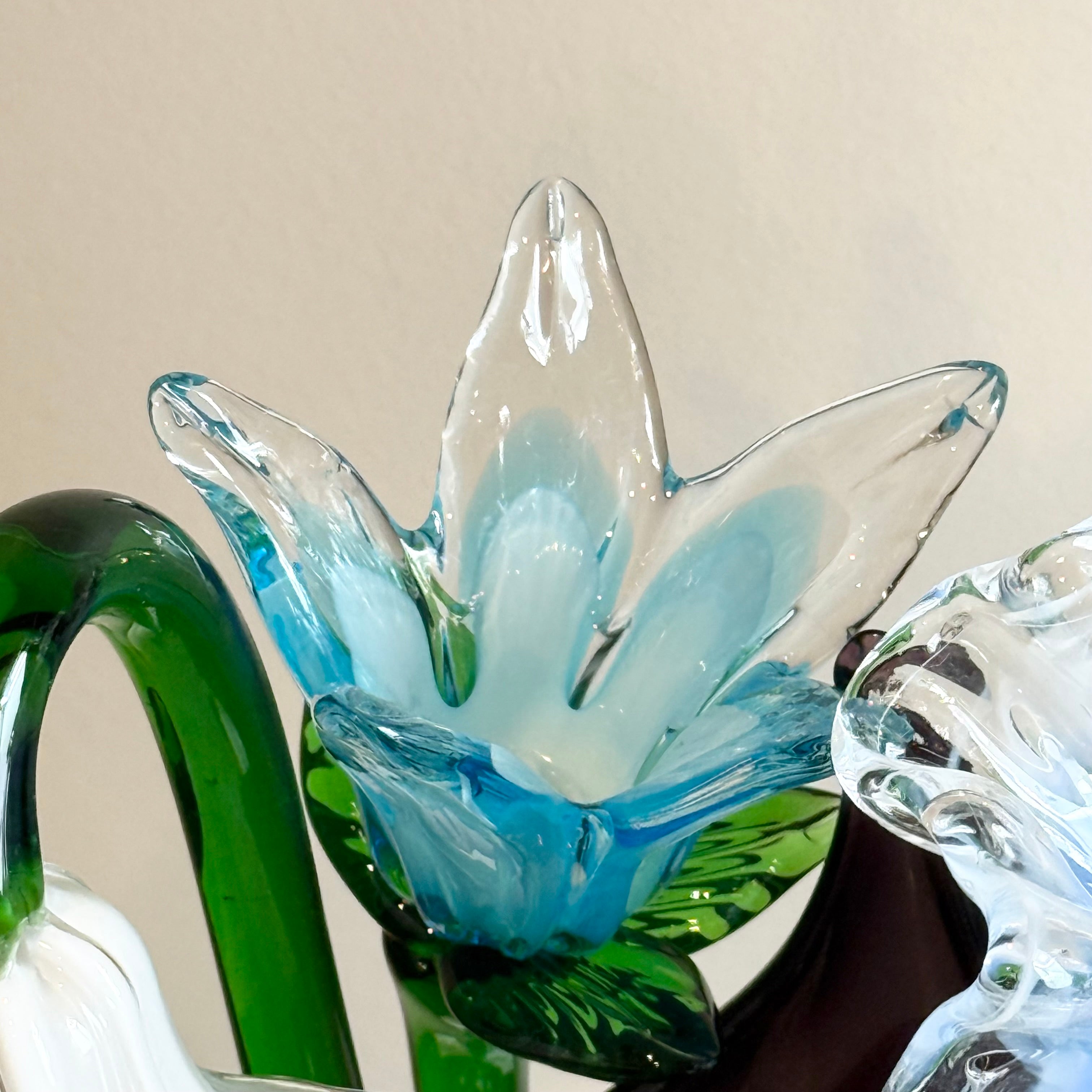 Set of 12 Hand Blown Long Stem Murano Glass Flowers, Made in Italy