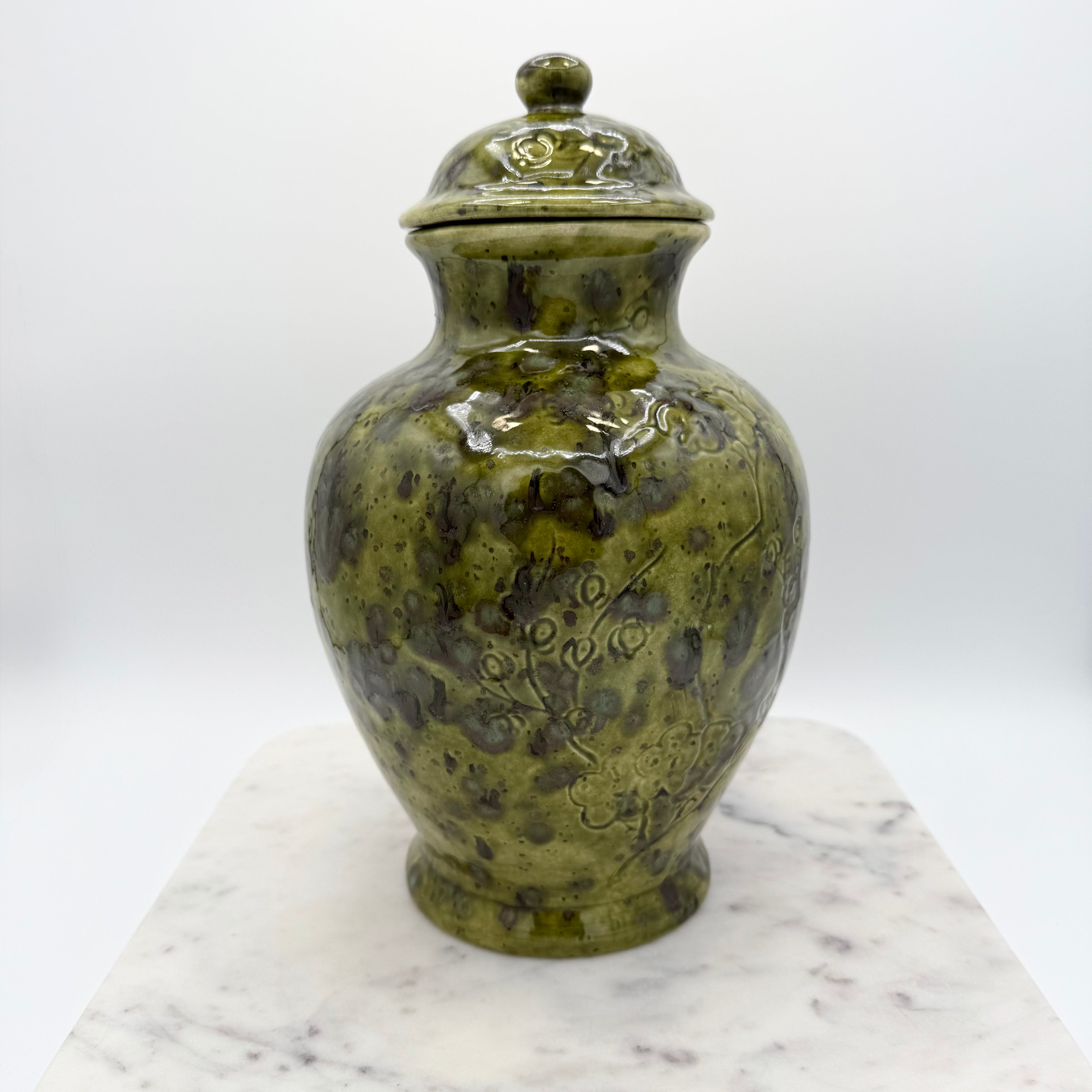 Studio Pottery Green Glazed Ceramic Ginger Jar Signed “BB” – Plum Blossom Motif