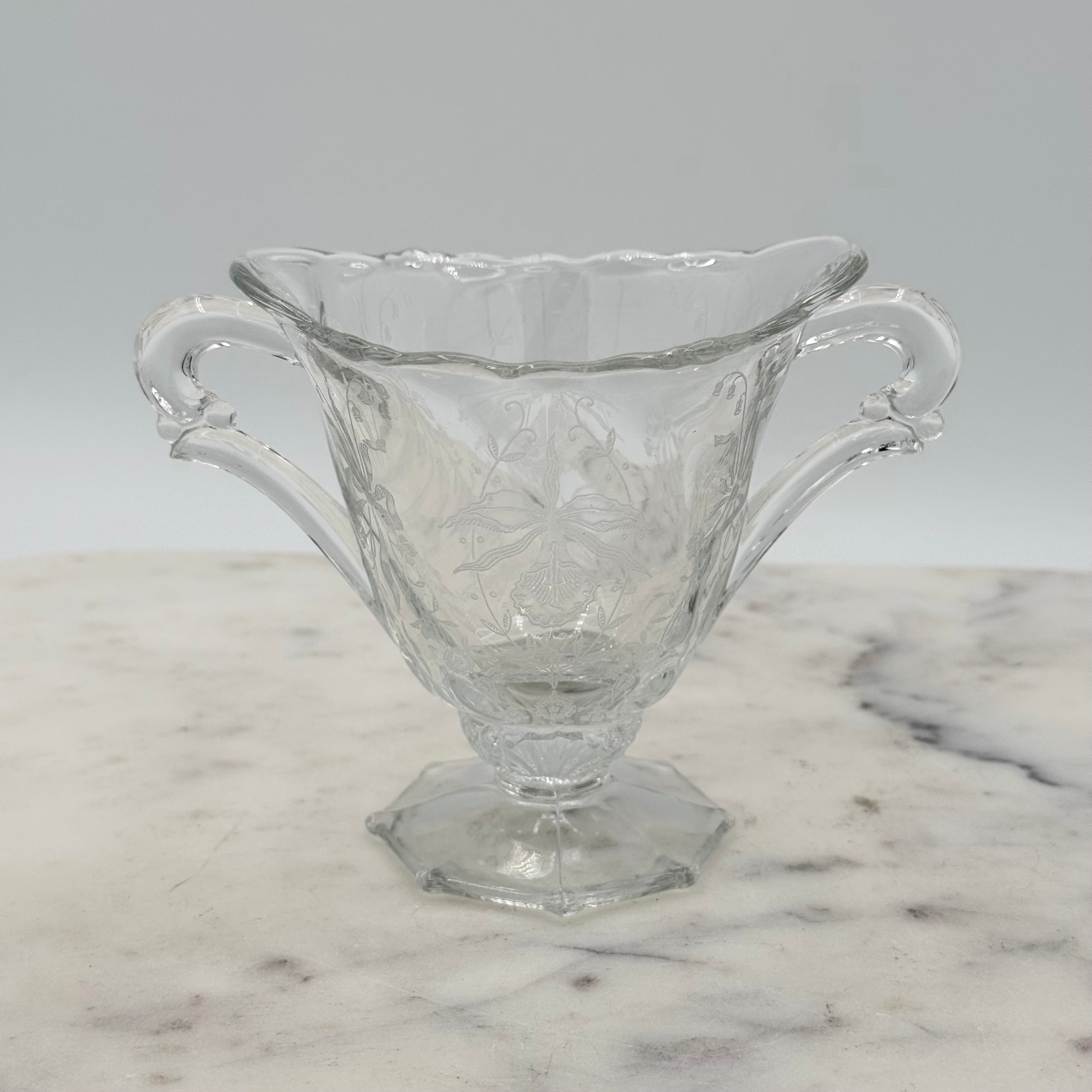 Vintage Heisey “Orchid” Glass Etched Elegant Glass Creamer & Sugar Set (1940s)