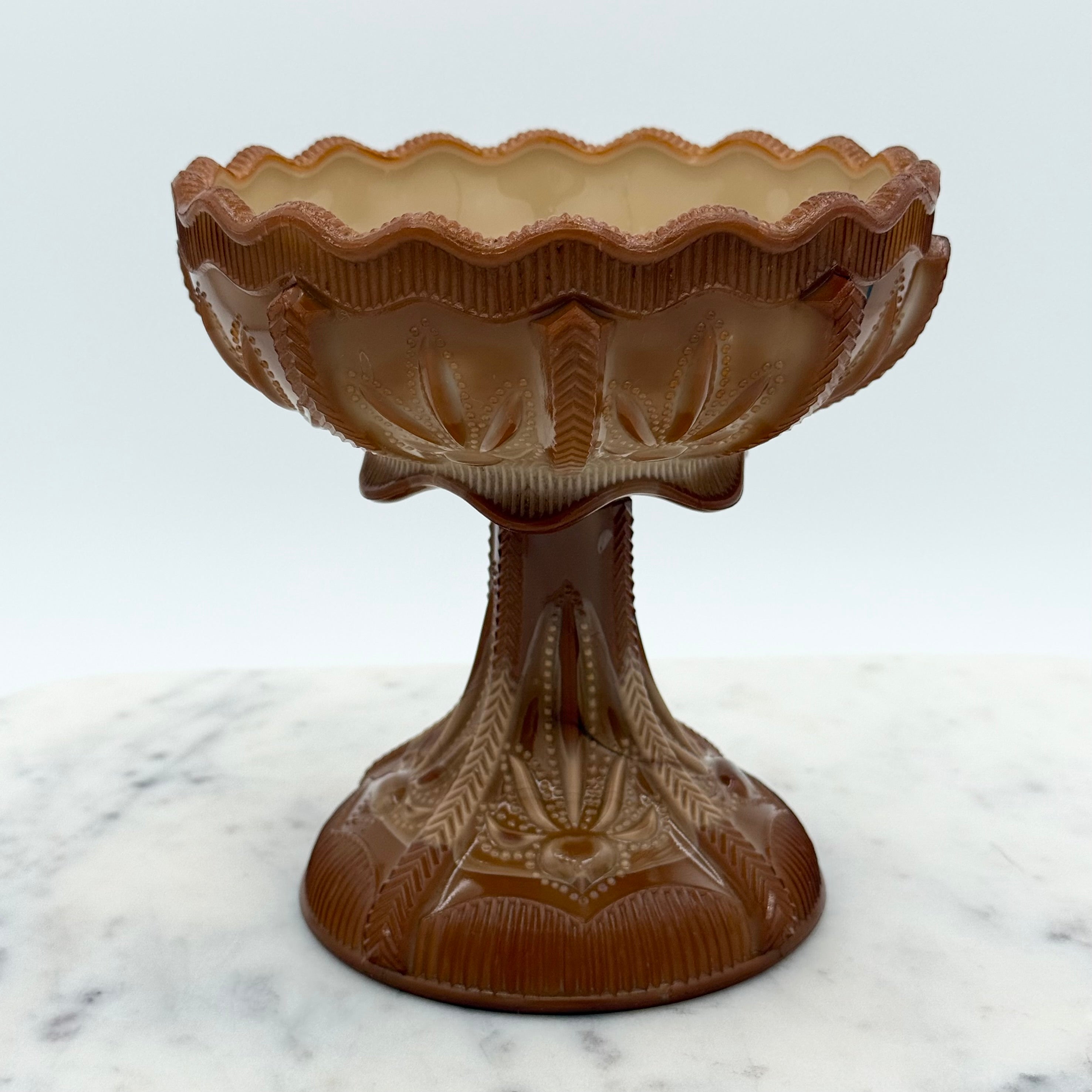 Antique Early American Pattern Glass Greentown Chocolate Glass Cactus Comport
