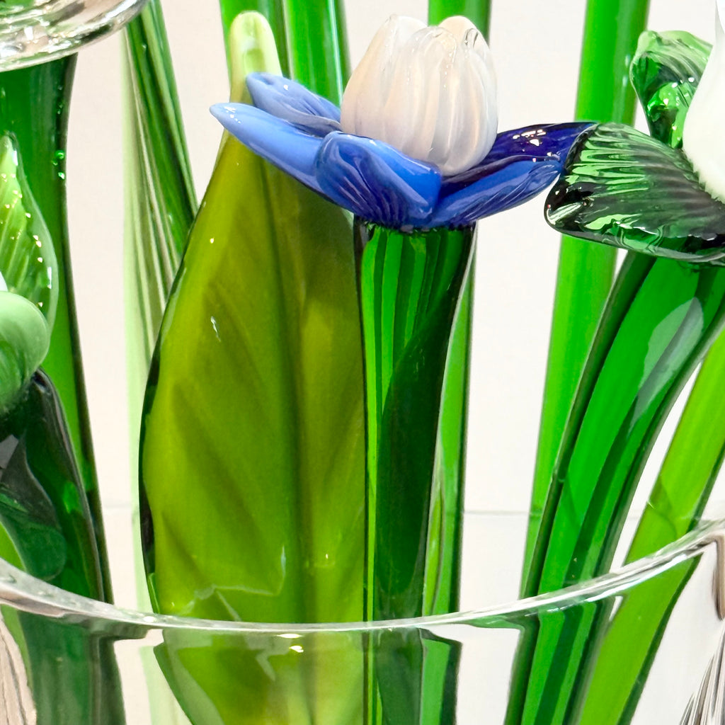 Set of 12 Hand Blown Long Stem Murano Glass Flowers, Made in Italy