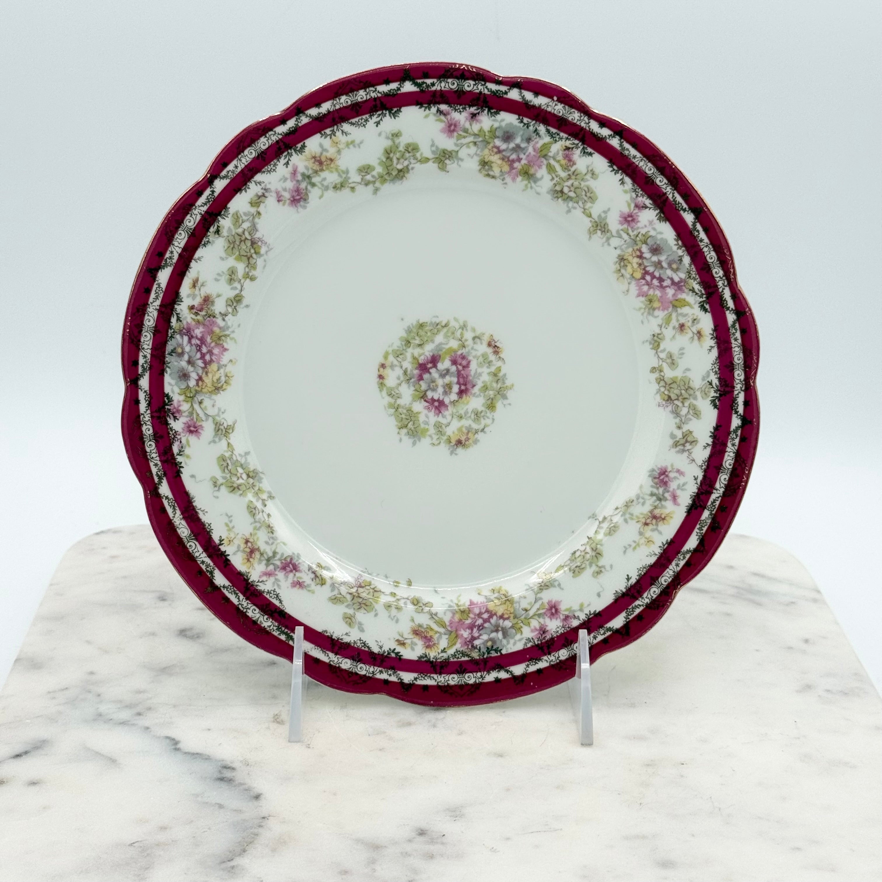 Antique Imperial Crown China Austria Floral Dinner Plate with Magenta Rim and Scalloped Edge