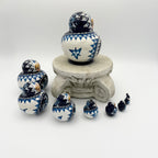Vintage Hand-Painted Russian Nesting Dolls (Set of 10) – Blue & White Floral Design