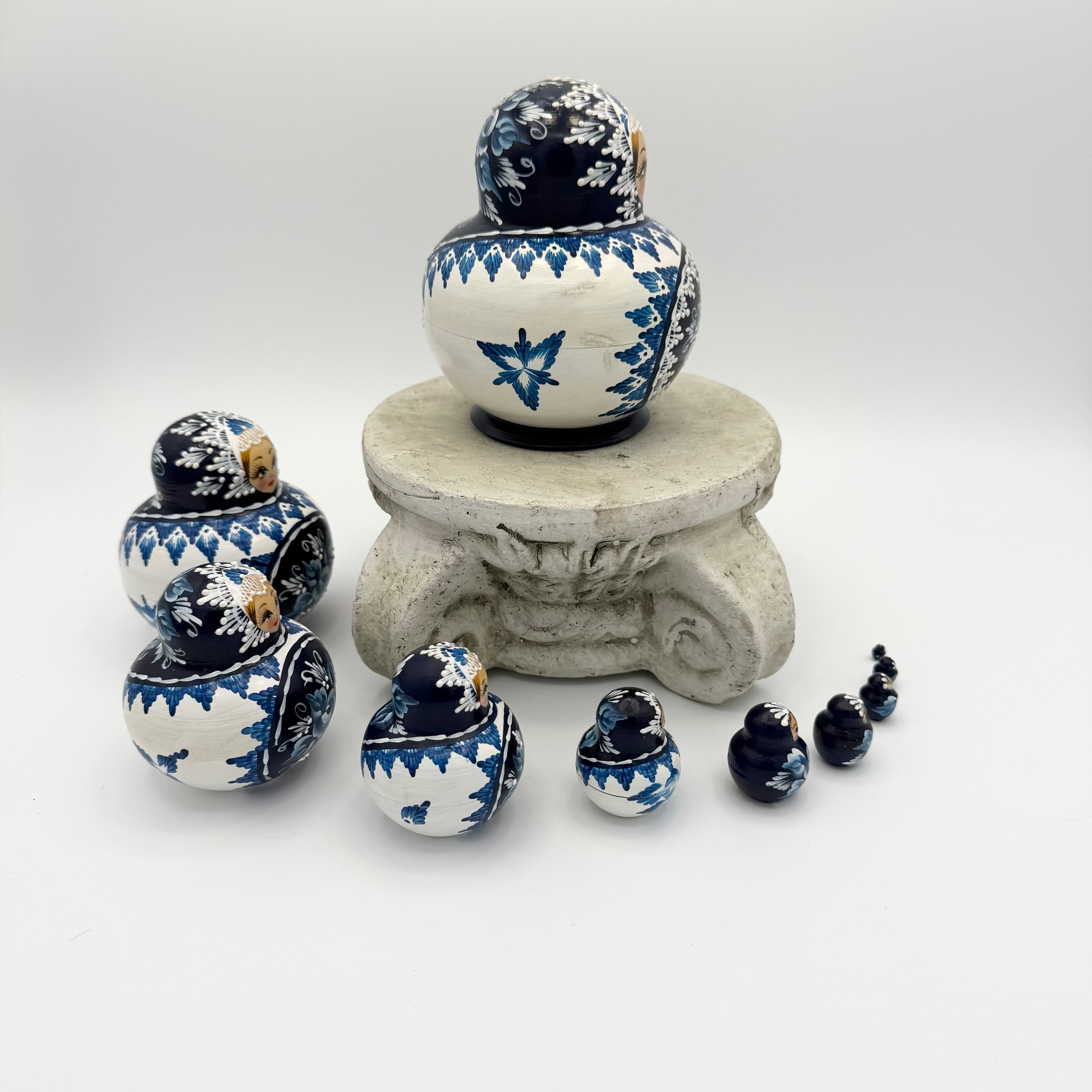 Vintage Hand-Painted Russian Nesting Dolls (Set of 10) – Blue & White Floral Design