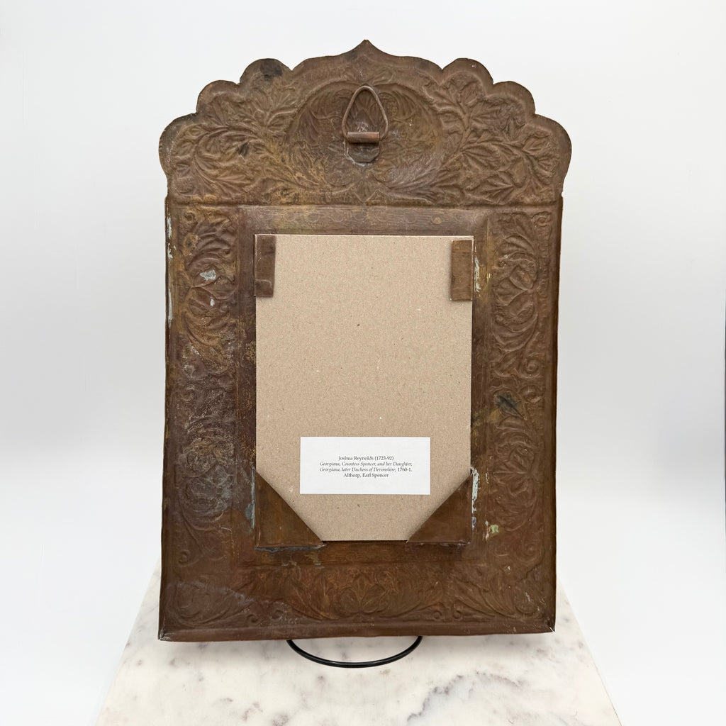 Antique Repoussé Hand-Hammered Copper Picture Frame with Print of the Countess Spencer and her Daughter Georgiana with Dog