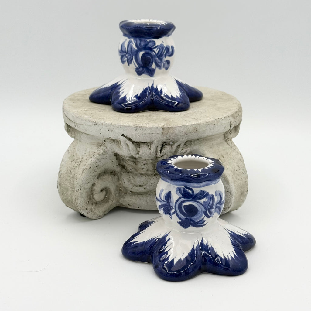 Hand Painted Vestal Pottery Blue and White Candle Holders, Numbered 577, Set of 2, Made in Portugal