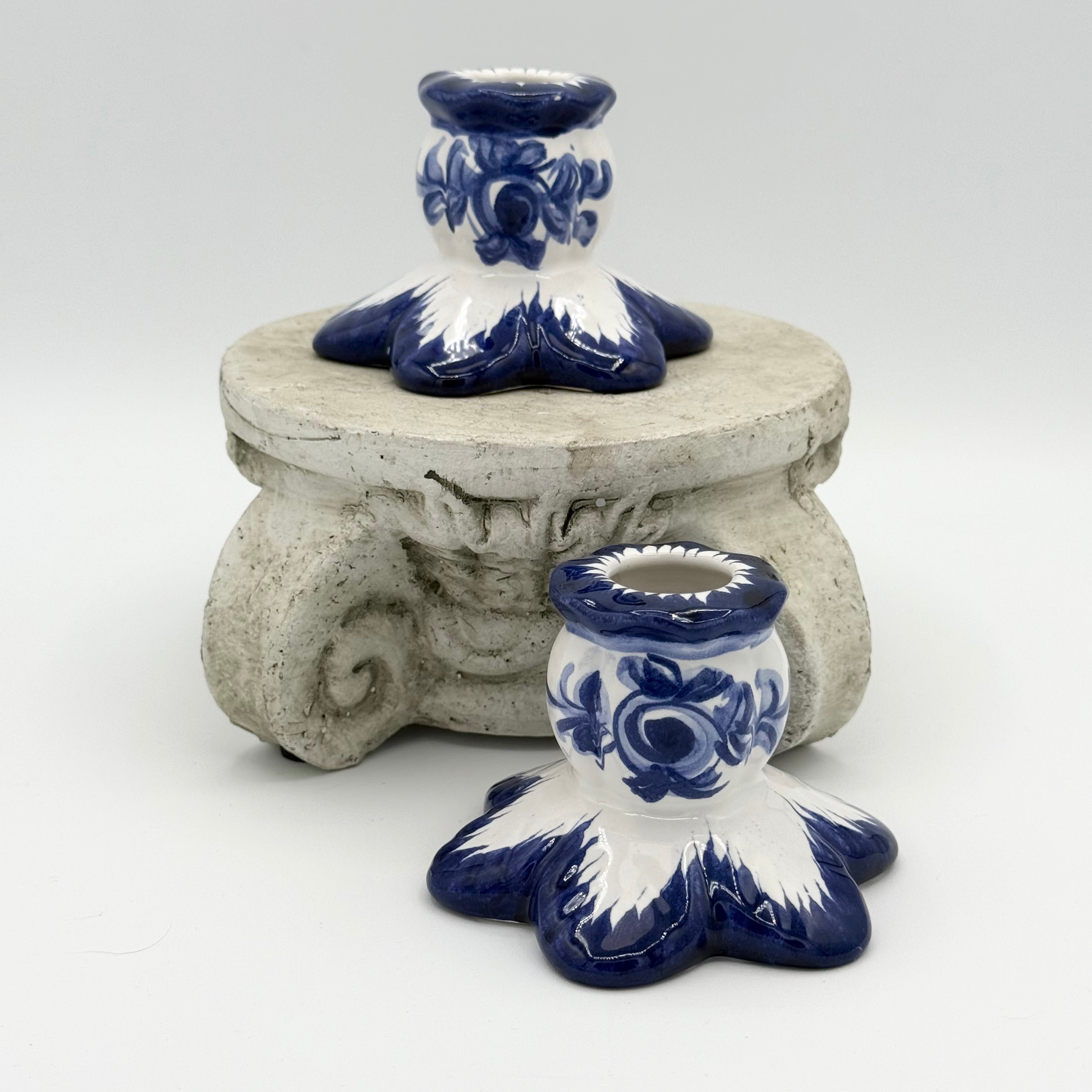 Hand Painted Vestal Pottery Blue and White Candle Holders, Numbered 577, Set of 2, Made in Portugal