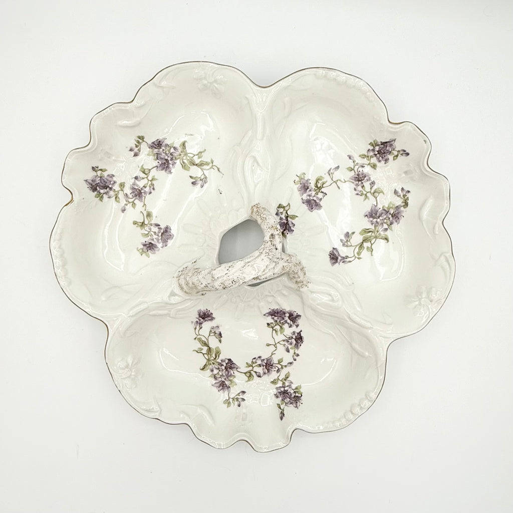 Antique Limoges René Frugier FRG Divided Serving Dish with Violets and Leaves, Made in France
