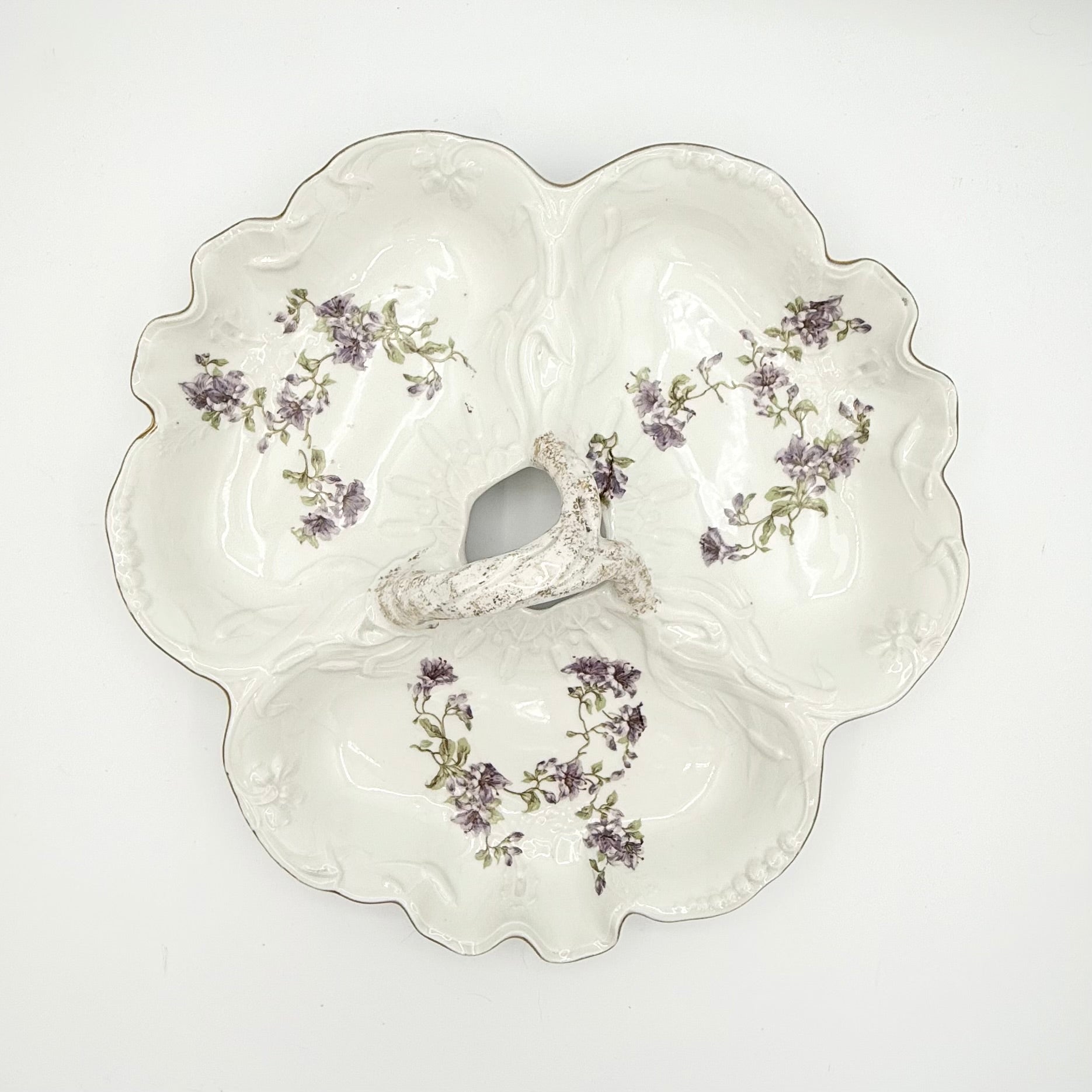Antique Limoges René Frugier FRG Divided Serving Dish with Violets and Leaves, Made in France