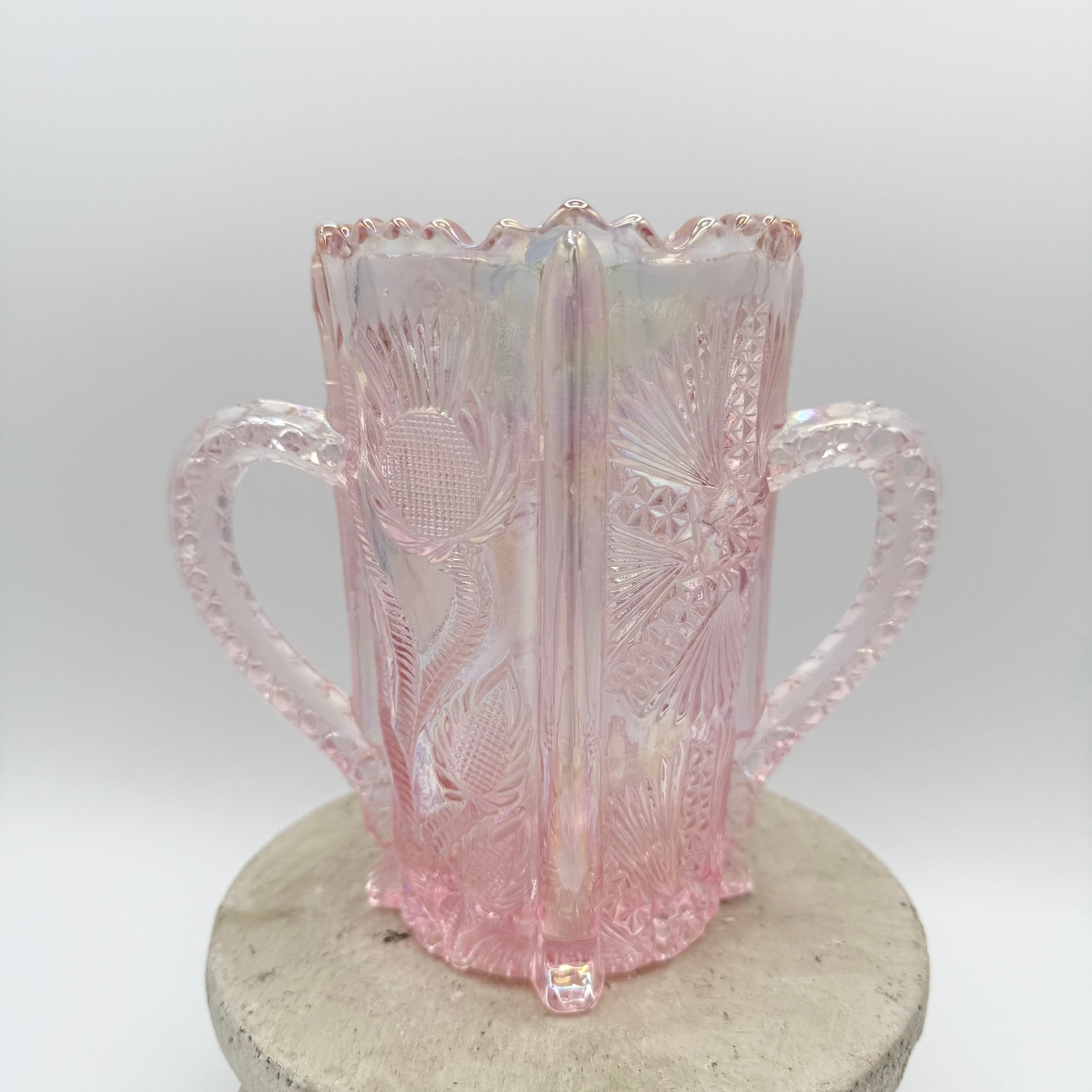 L. G. Wright Pink Iridescent Thistle Spooner with Reticulated Rim