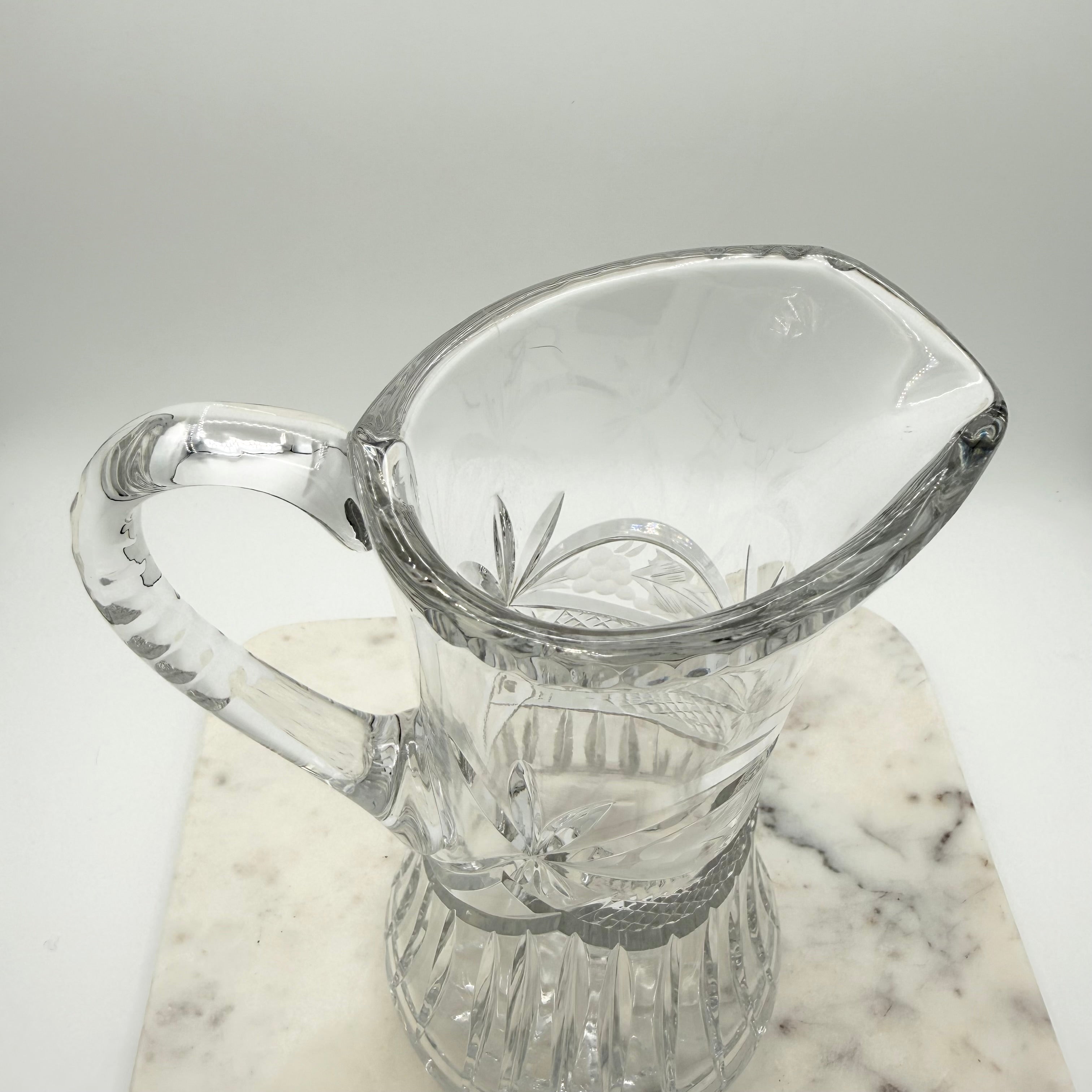Vintage Etched Lead Cut Crystal Water Pitcher — Flower & Leaf Motif