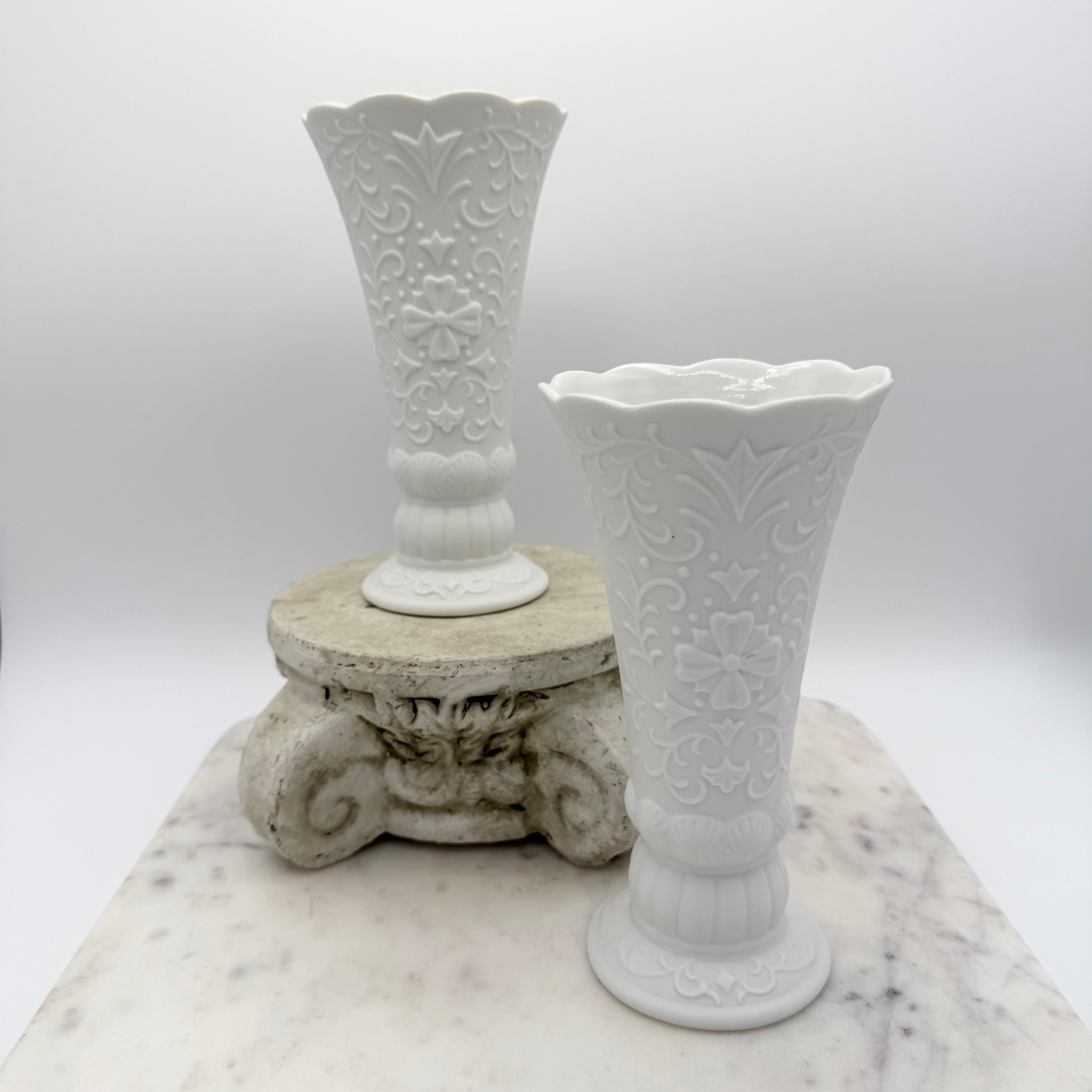 Bisque Porcelain Embossed Vases with Scalloped Edge, Set of 2