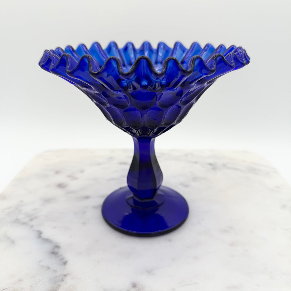 Cobalt Blue Glass Pedestal Compote With Ruffled Edge And Thumbprint Pattern