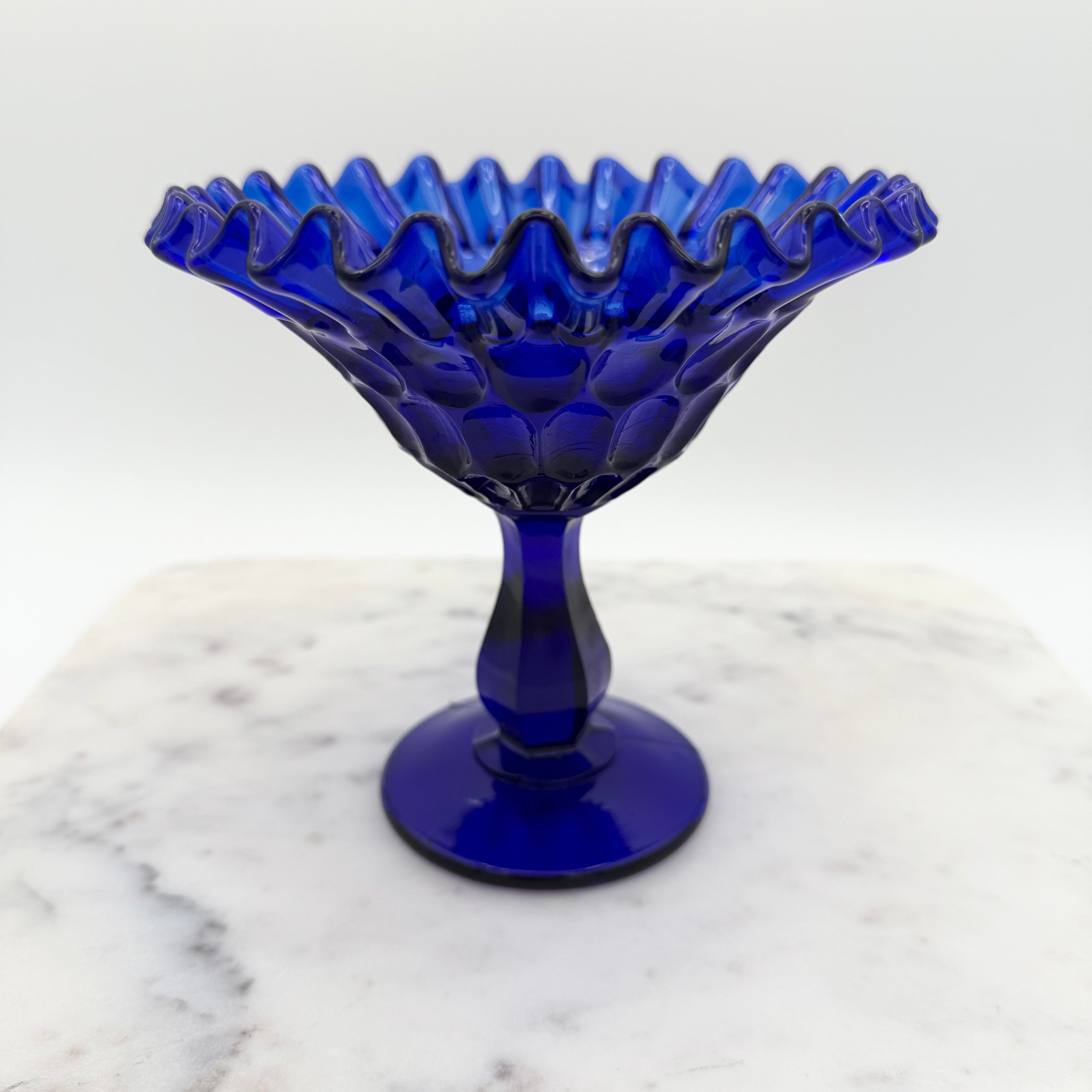 Cobalt Blue Glass Pedestal Compote With Ruffled Edge And Thumbprint Pattern