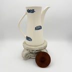 Antique White and Blue Transferware Teapot with Wood Lid