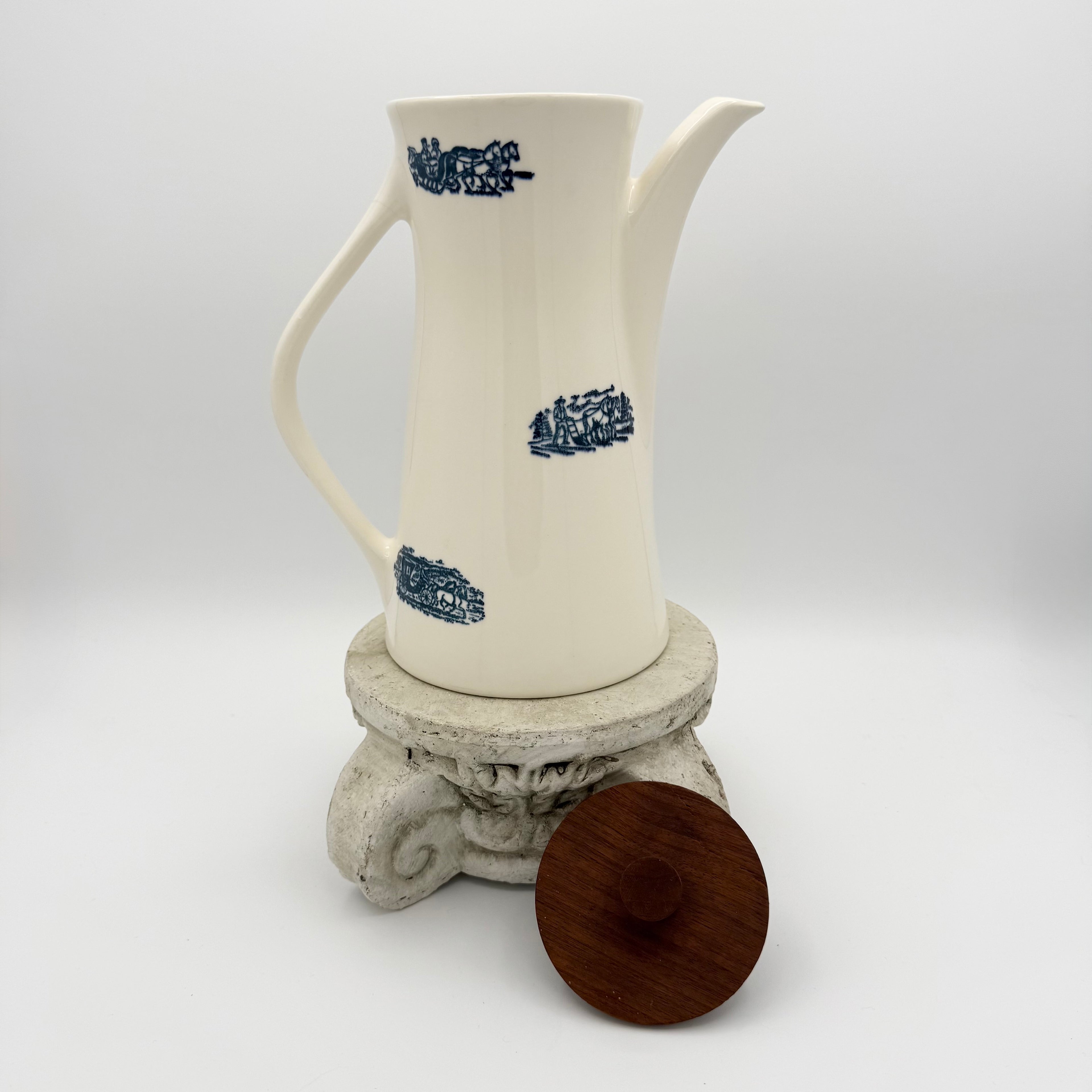 Antique White and Blue Transferware Teapot with Wood Lid