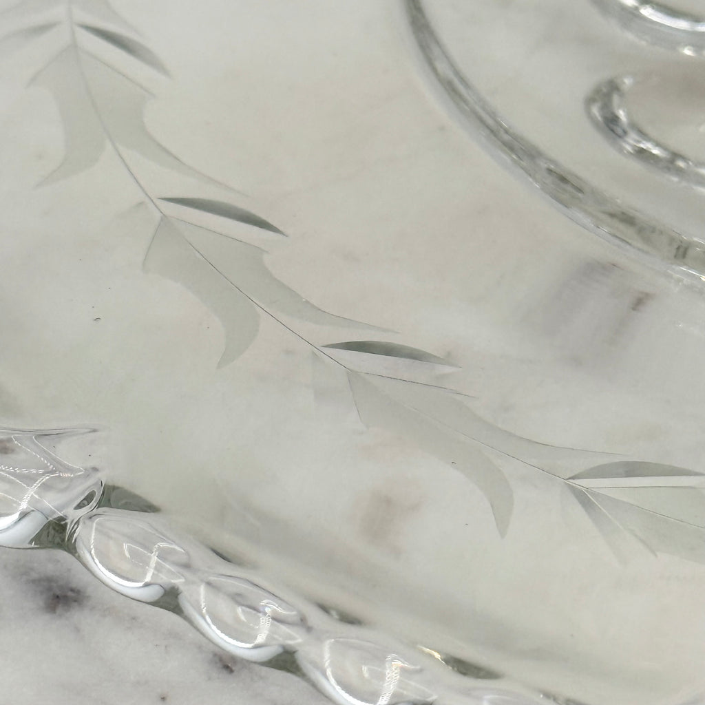 Paden City “Vermilion” Etched Floral Glass Sandwich Tray with Ornate Handle