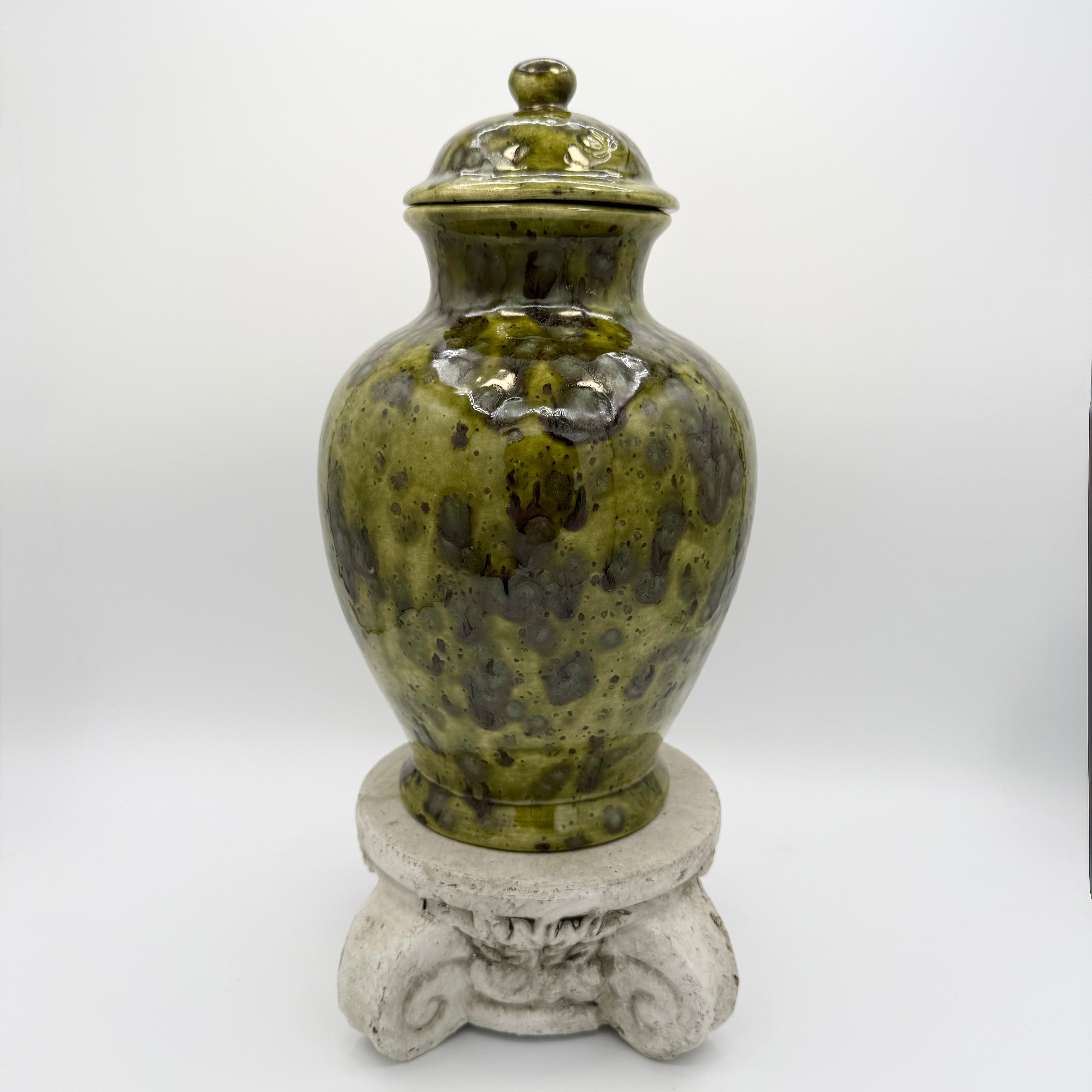 Studio Pottery Green Glazed Ceramic Ginger Jar Signed “BB” – Plum Blossom Motif