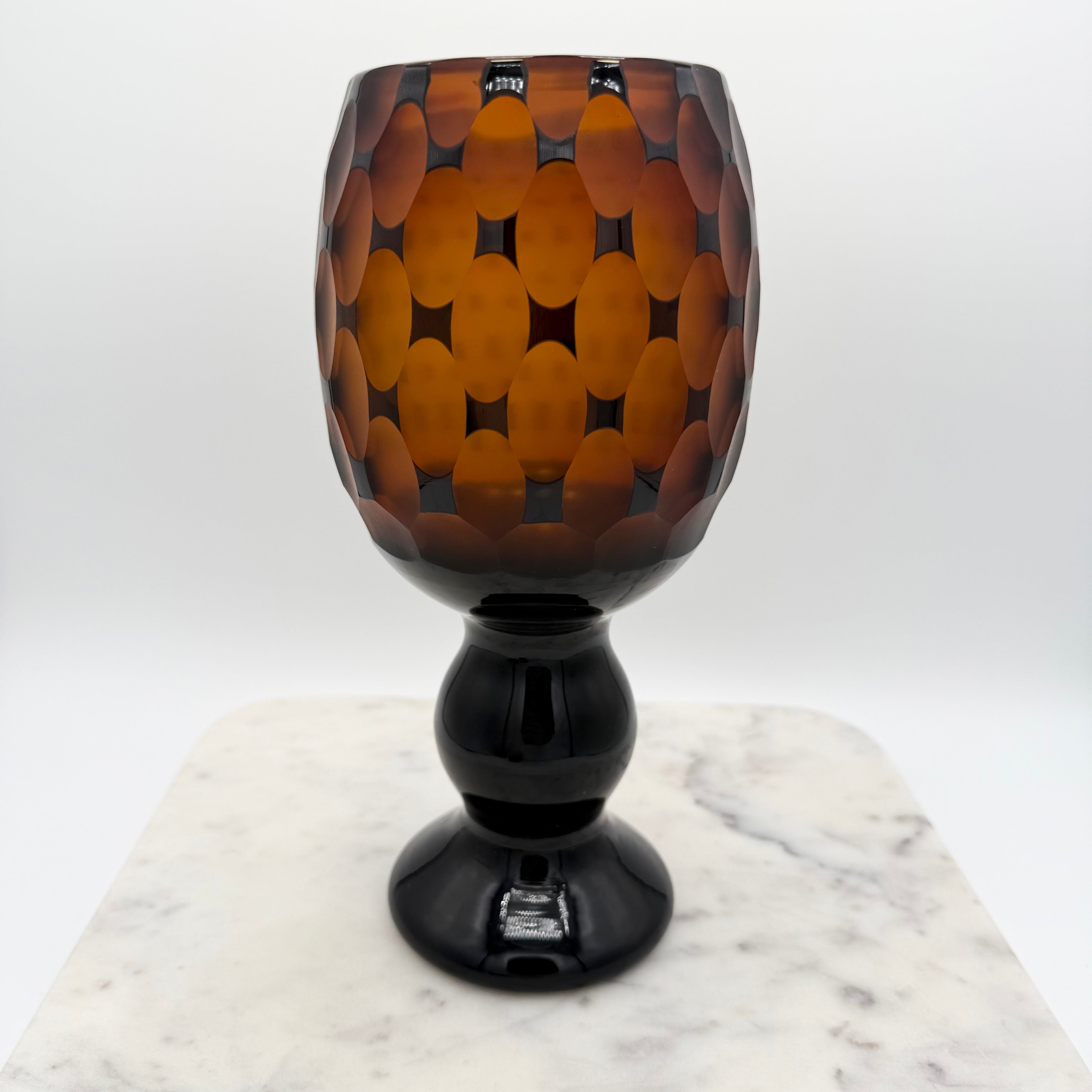 Venetian Murano Sommerso Style Vase, Black Cut To Amber Cased Glass