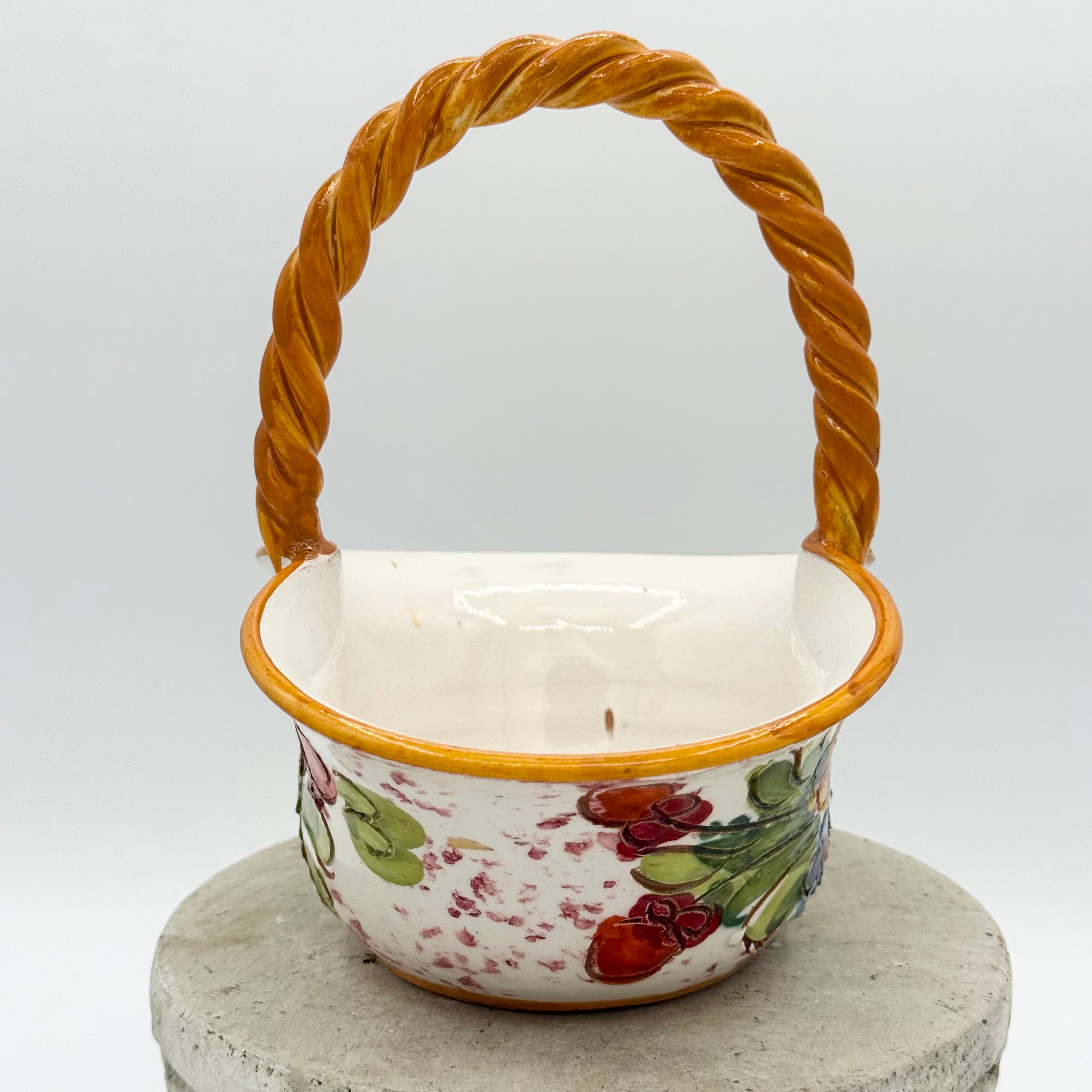 Hand-Painted Italian Majolica Small Basket with Twisted Handle