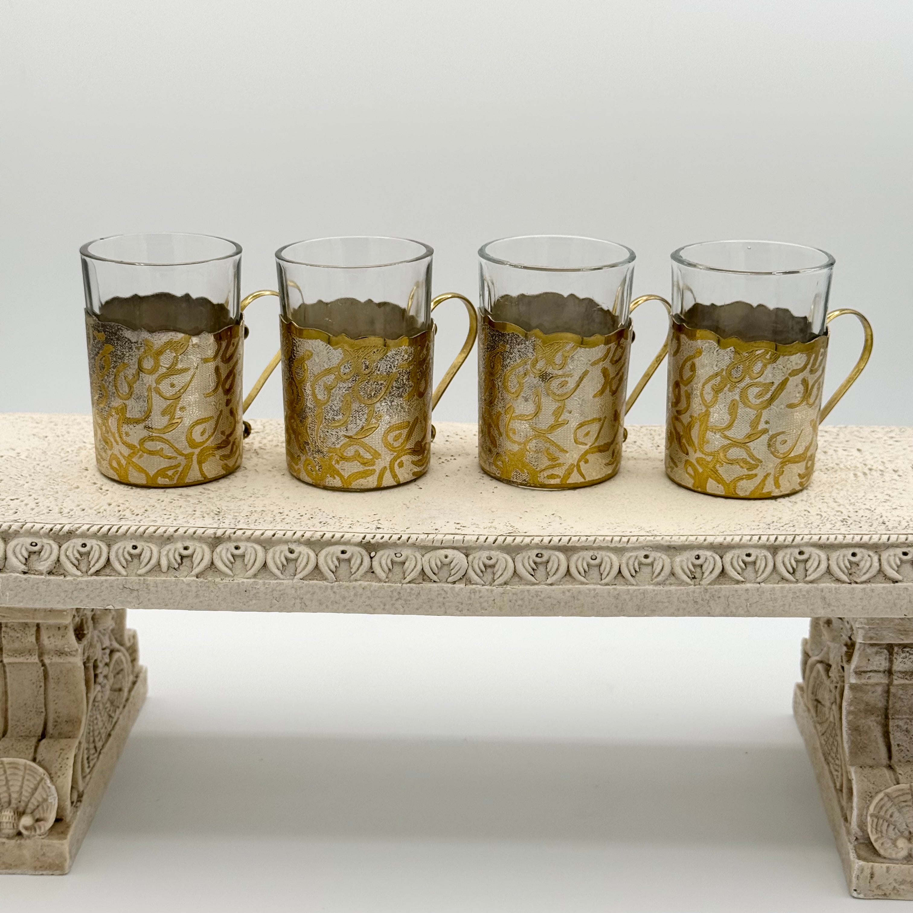 Russian Podstakannik Tea / Coffee Cup Glass in Ornate Gold Toned Metal Surround with Handle (Set of 4)