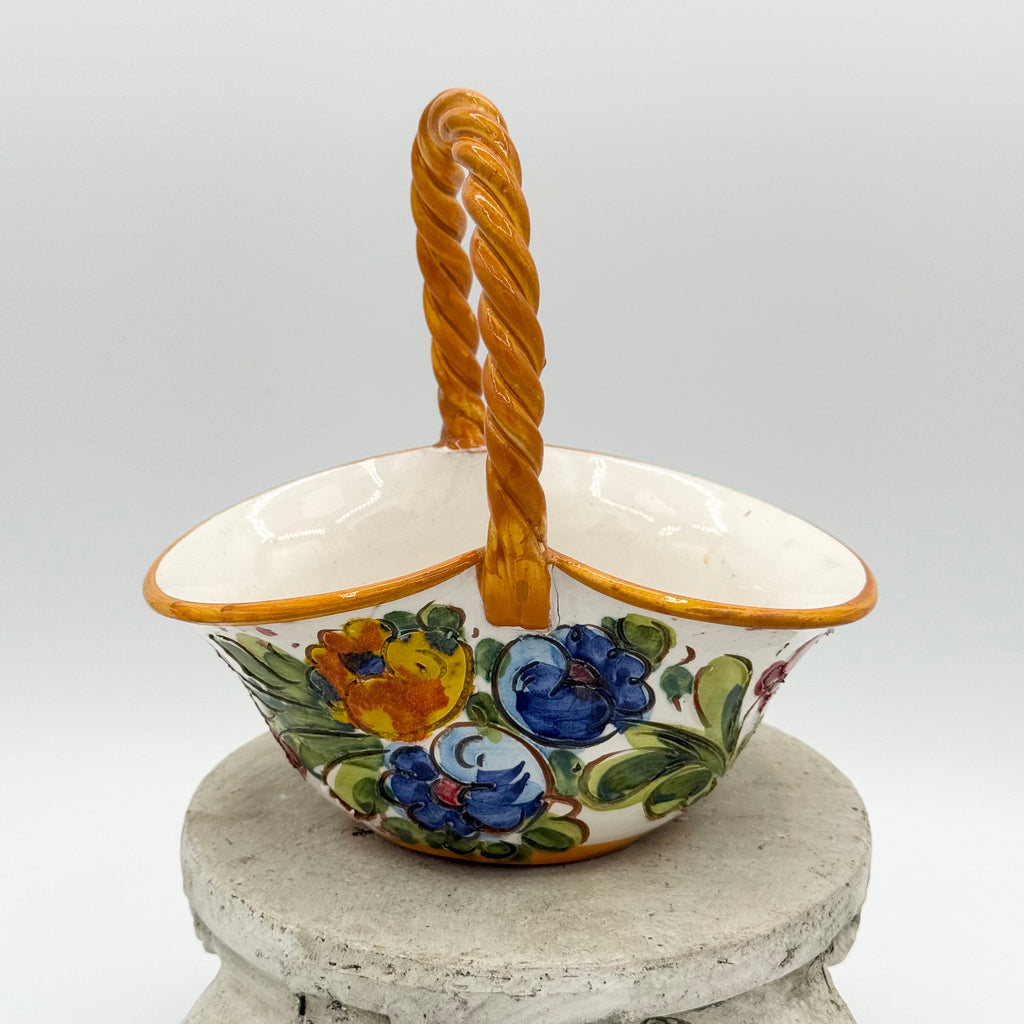 Hand-Painted Italian Majolica Small Basket with Twisted Handle