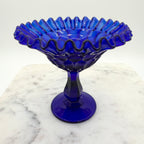 Cobalt Blue Glass Pedestal Compote With Ruffled Edge And Thumbprint Pattern