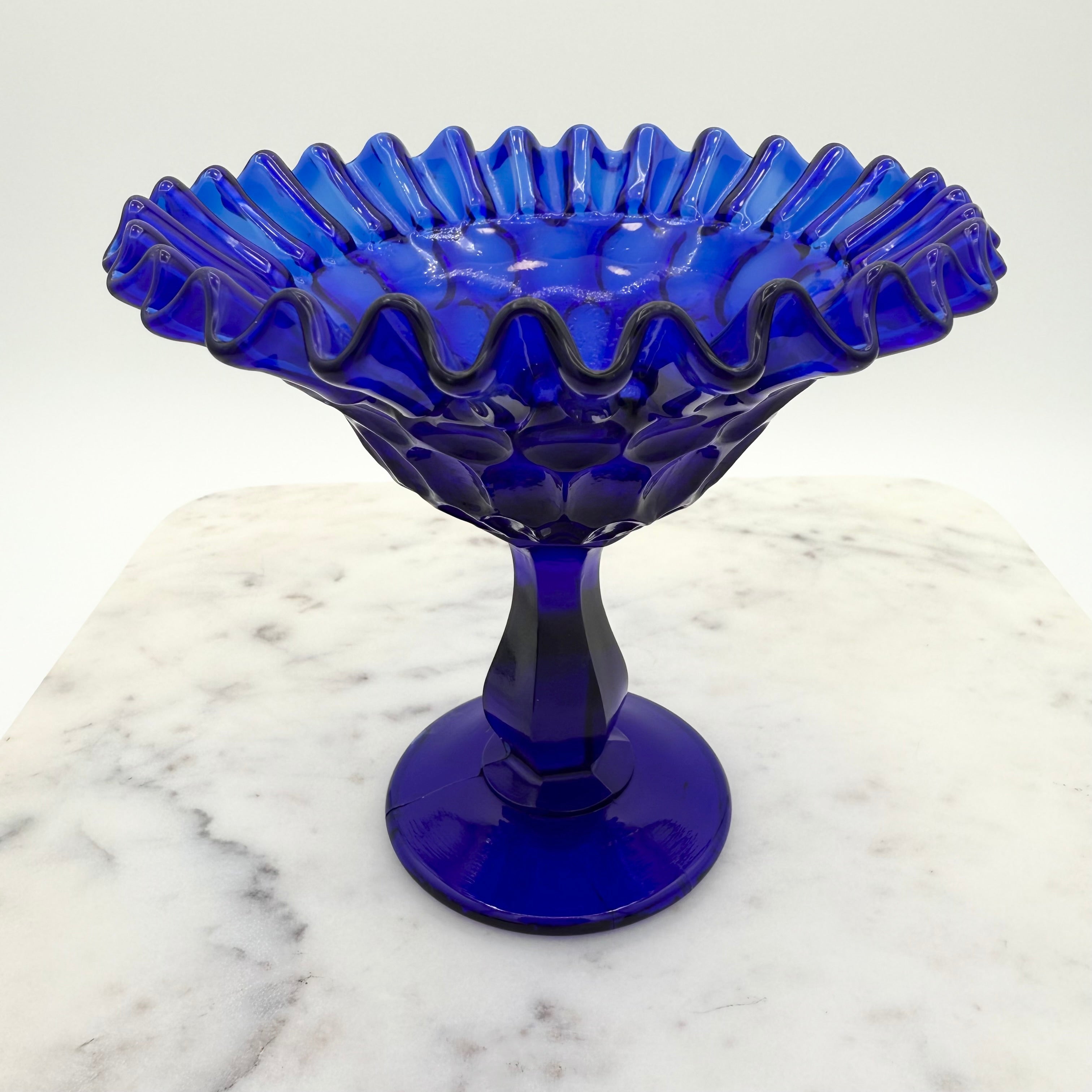 Cobalt Blue Glass Pedestal Compote With Ruffled Edge And Thumbprint Pattern