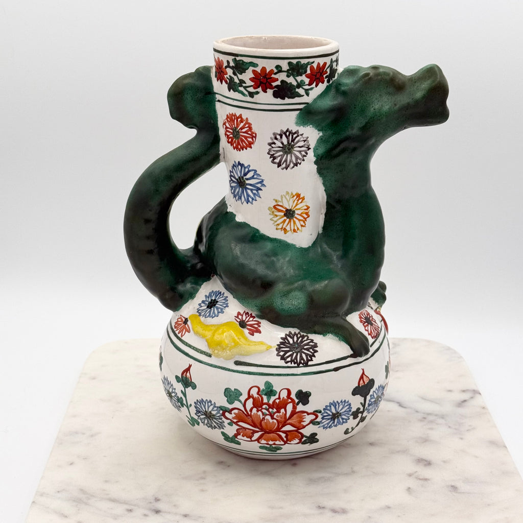 Vintage Hand-Painted Figural Dragon Ceramic Water Pitcher